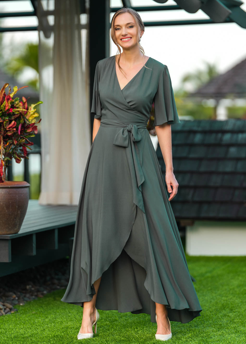 Dark Green romantic wrap dress
