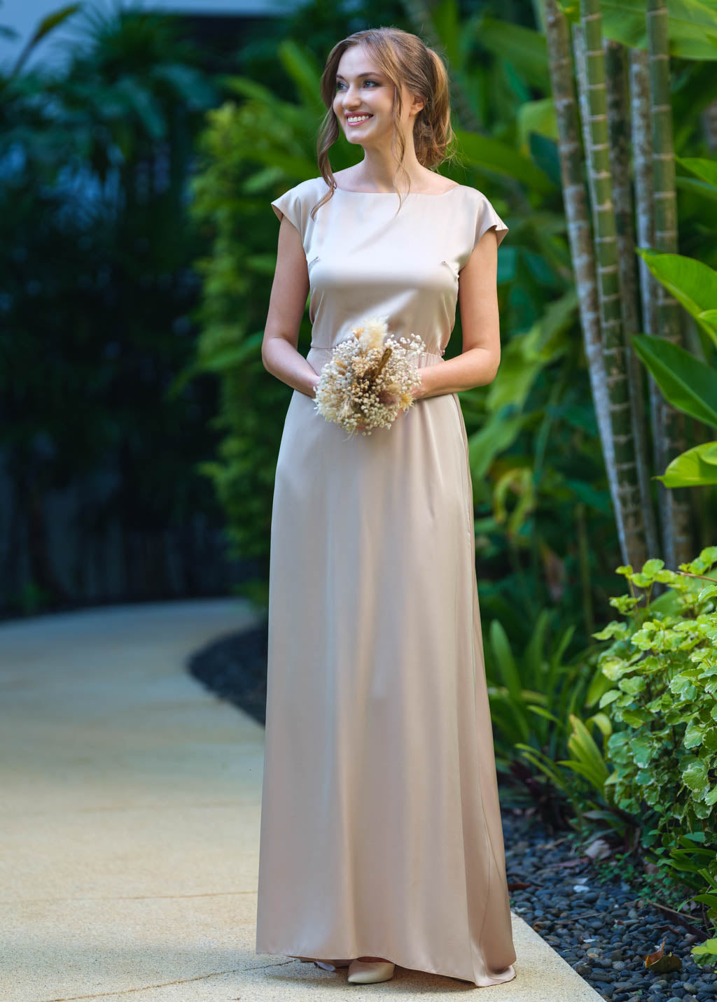 Champagne beige silk long dress with tail