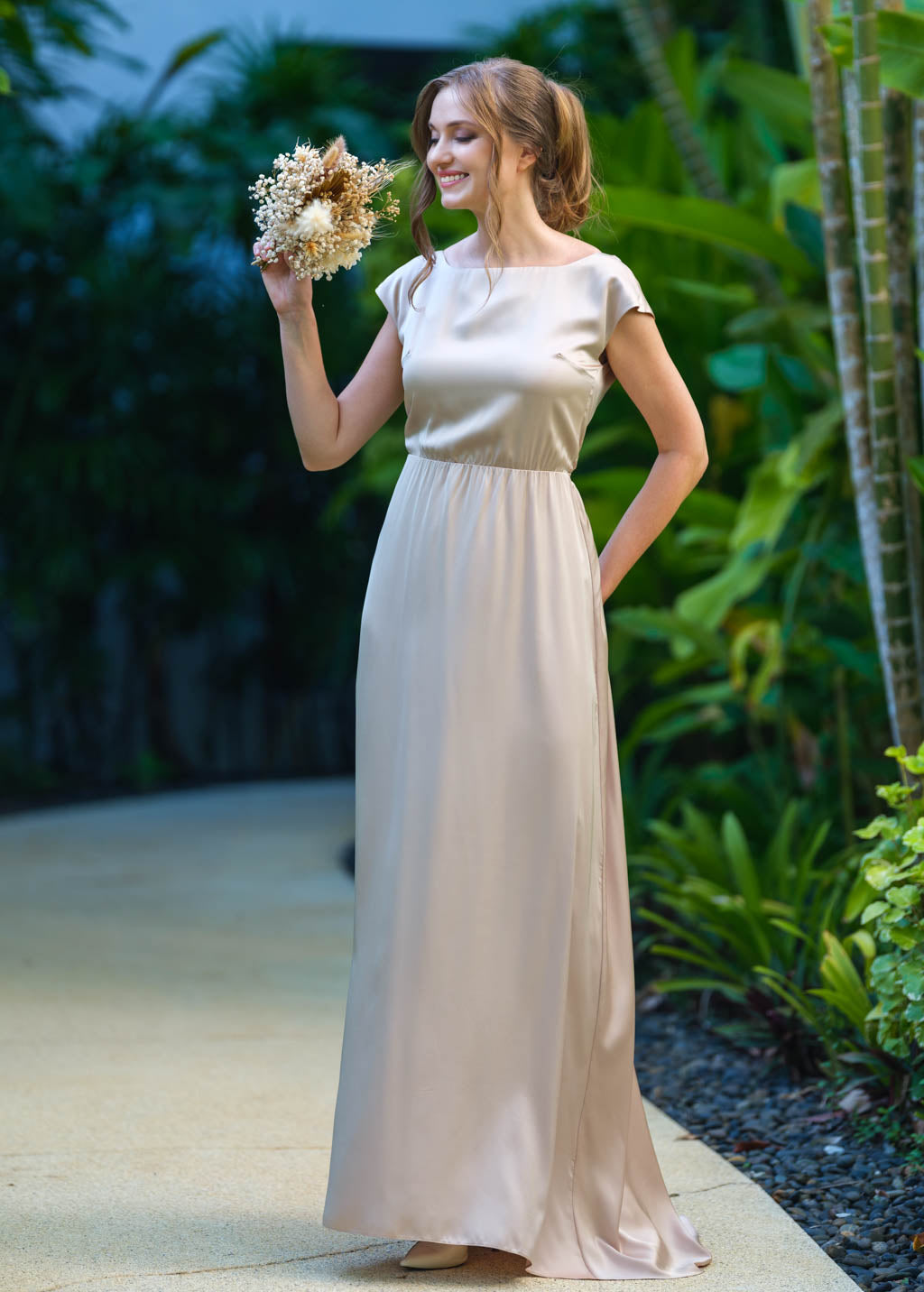 Champagne beige silk long dress with tail