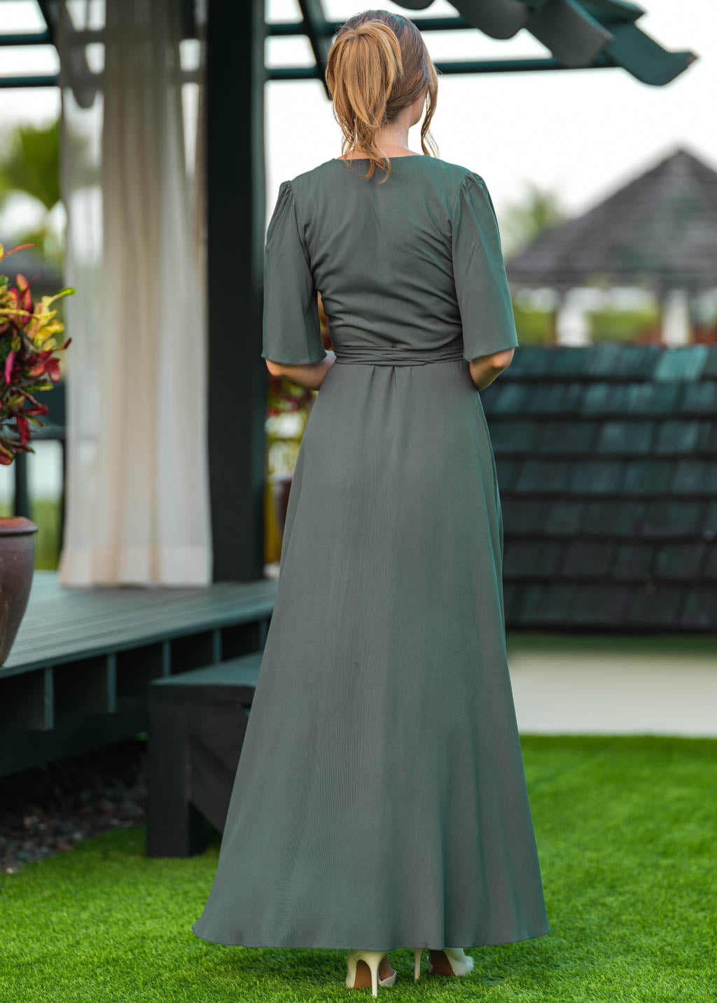 Dark Green romantic wrap dress