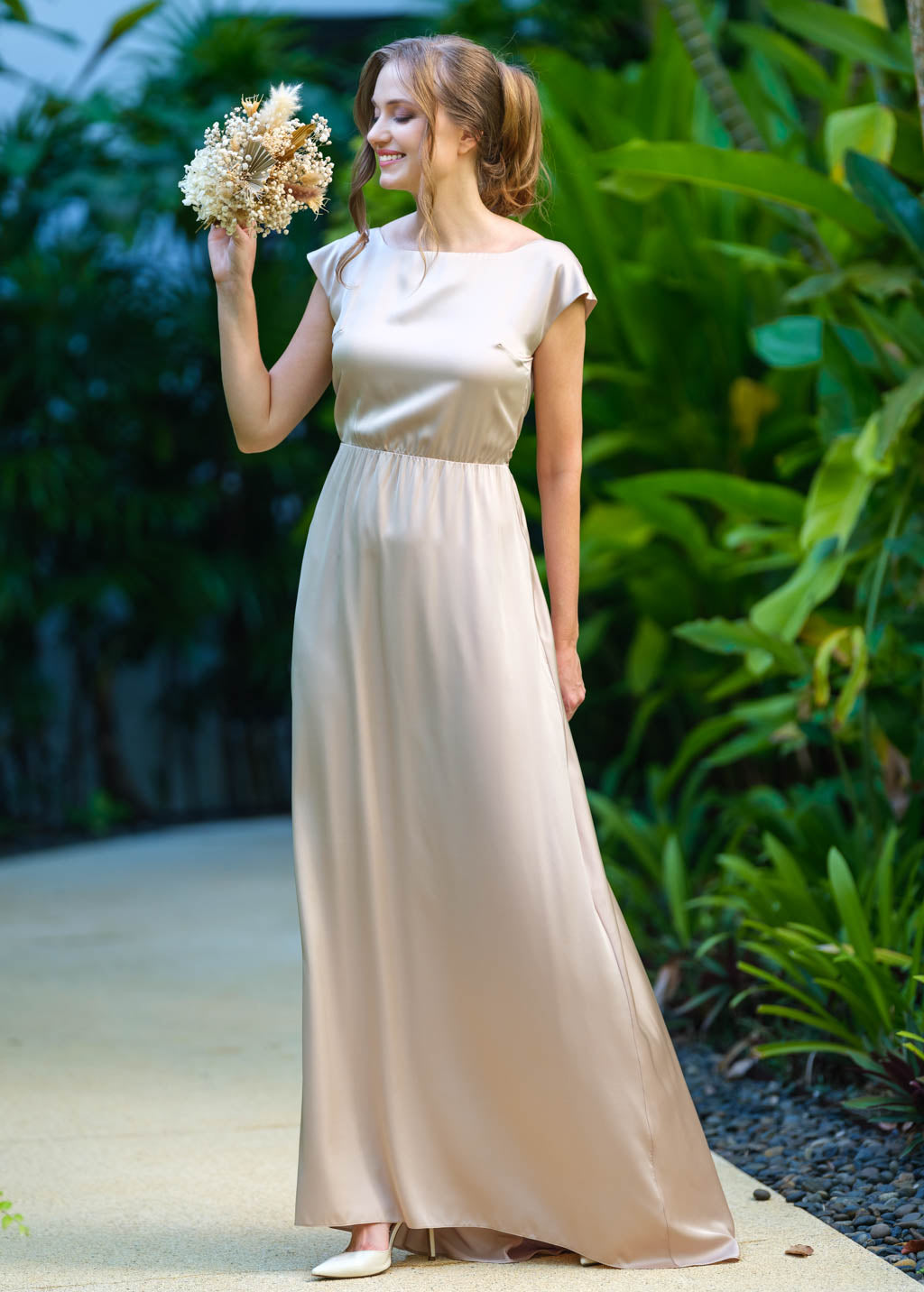Champagne beige silk long dress with tail