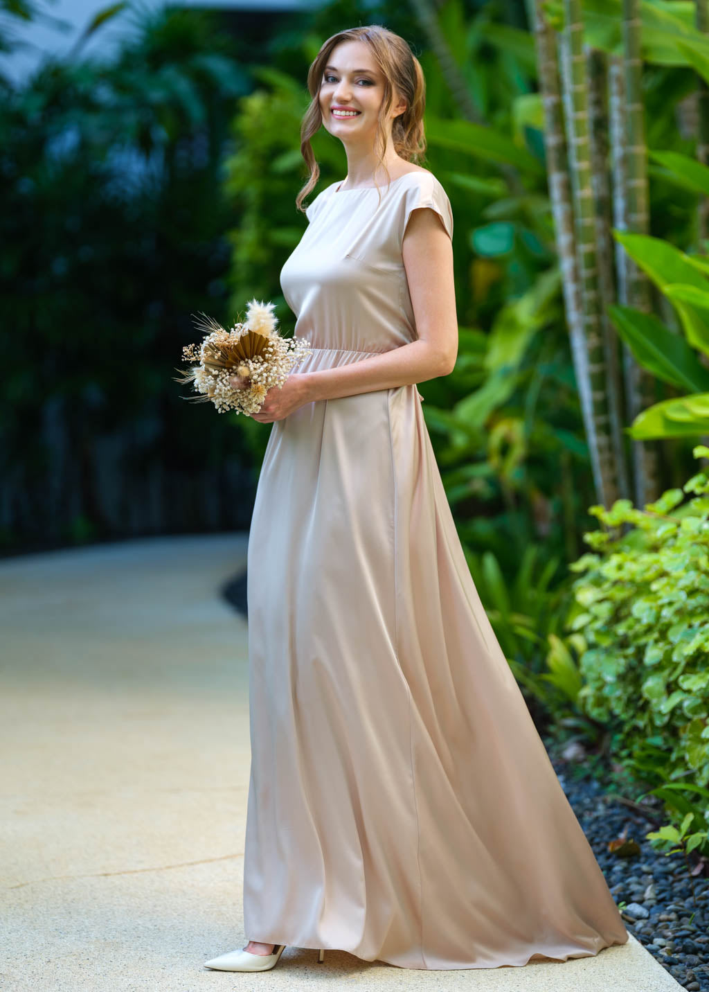 beige wedding guest dress Champagne beige silk long dress with tail