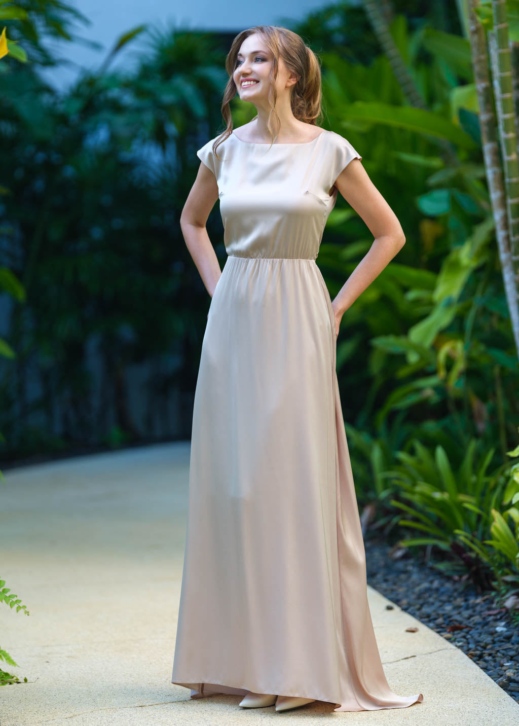Champagne beige silk long dress with tail