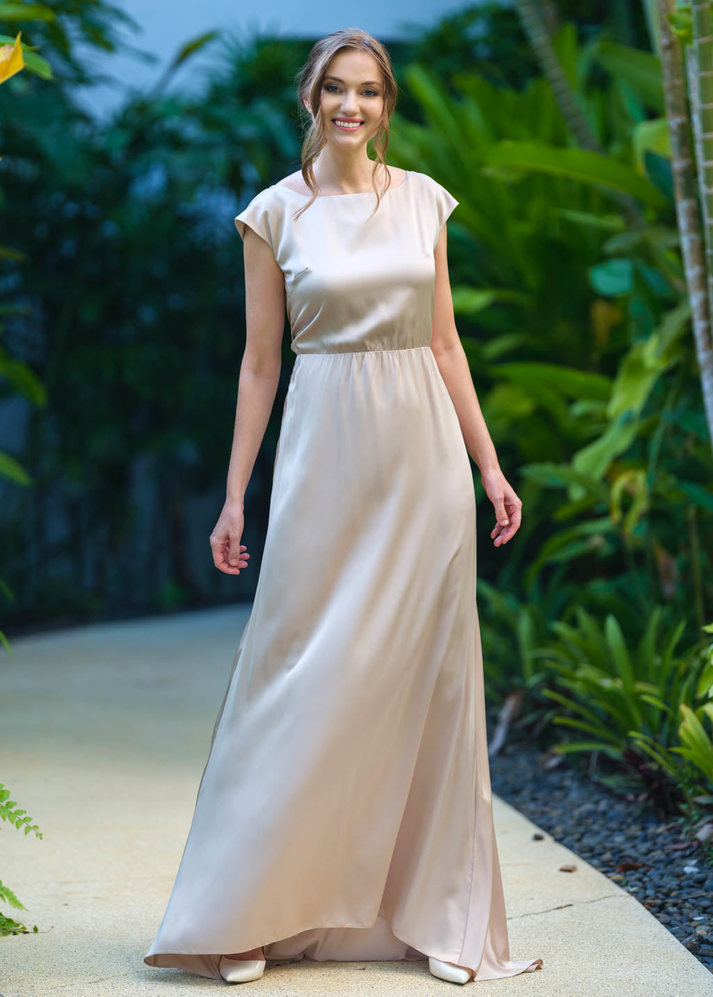 Champagne beige silk long dress with tail