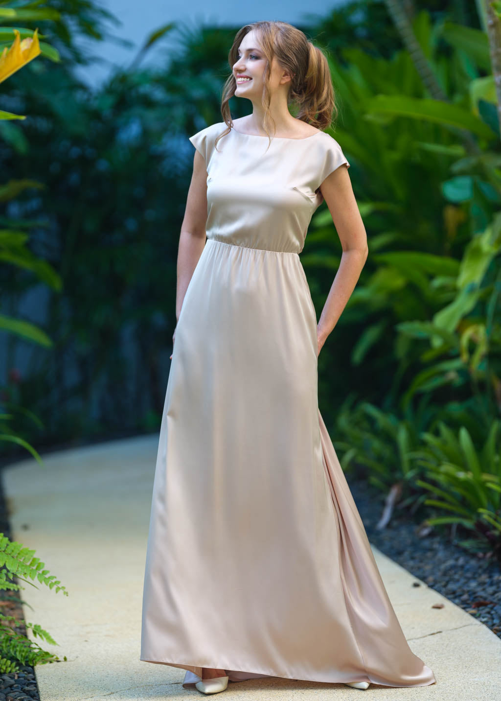 Champagne beige silk long dress with tail