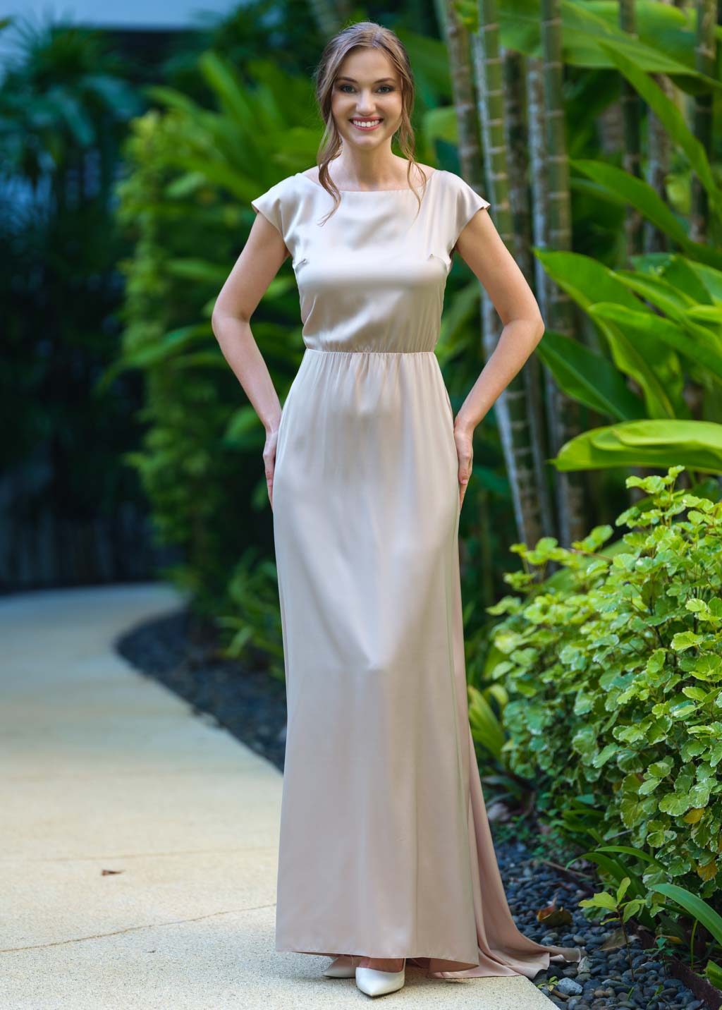 Champagne beige silk long dress with tail