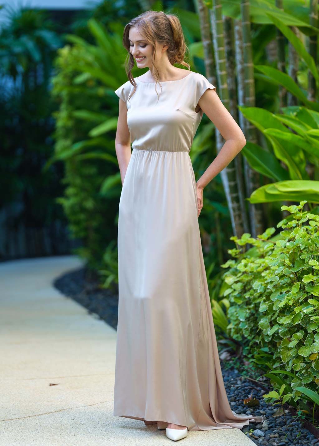 Champagne beige silk long dress with tail