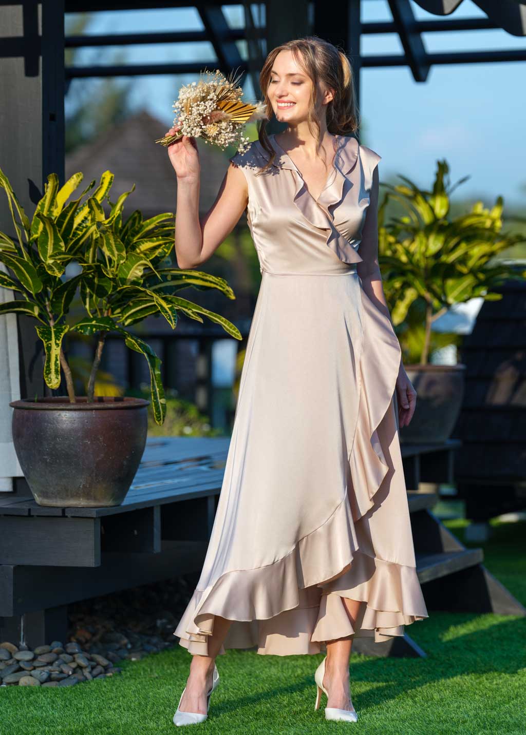 Champagne beige wrap silk dress