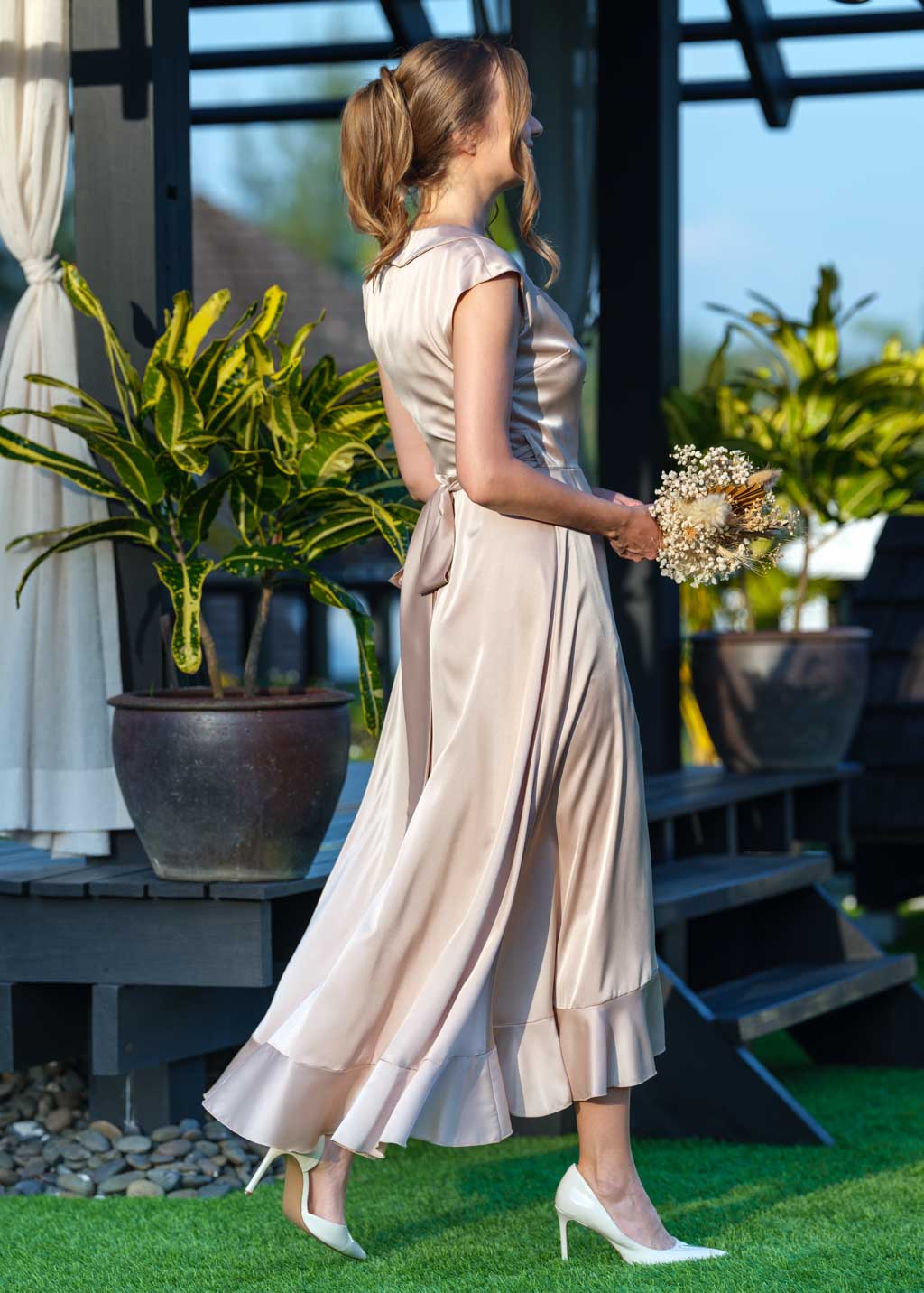 Champagne beige wrap silk dress