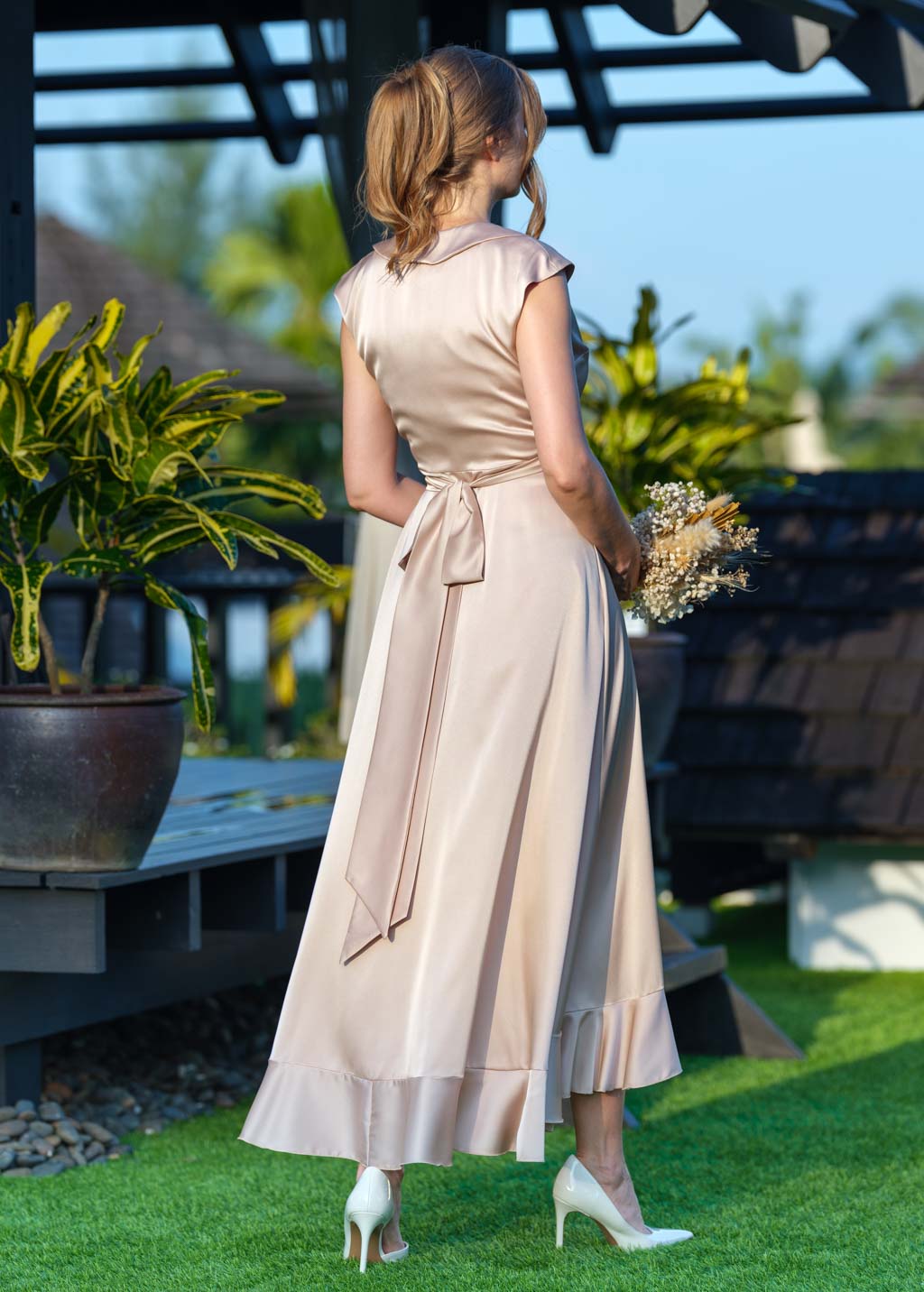 Champagne beige wrap silk dress