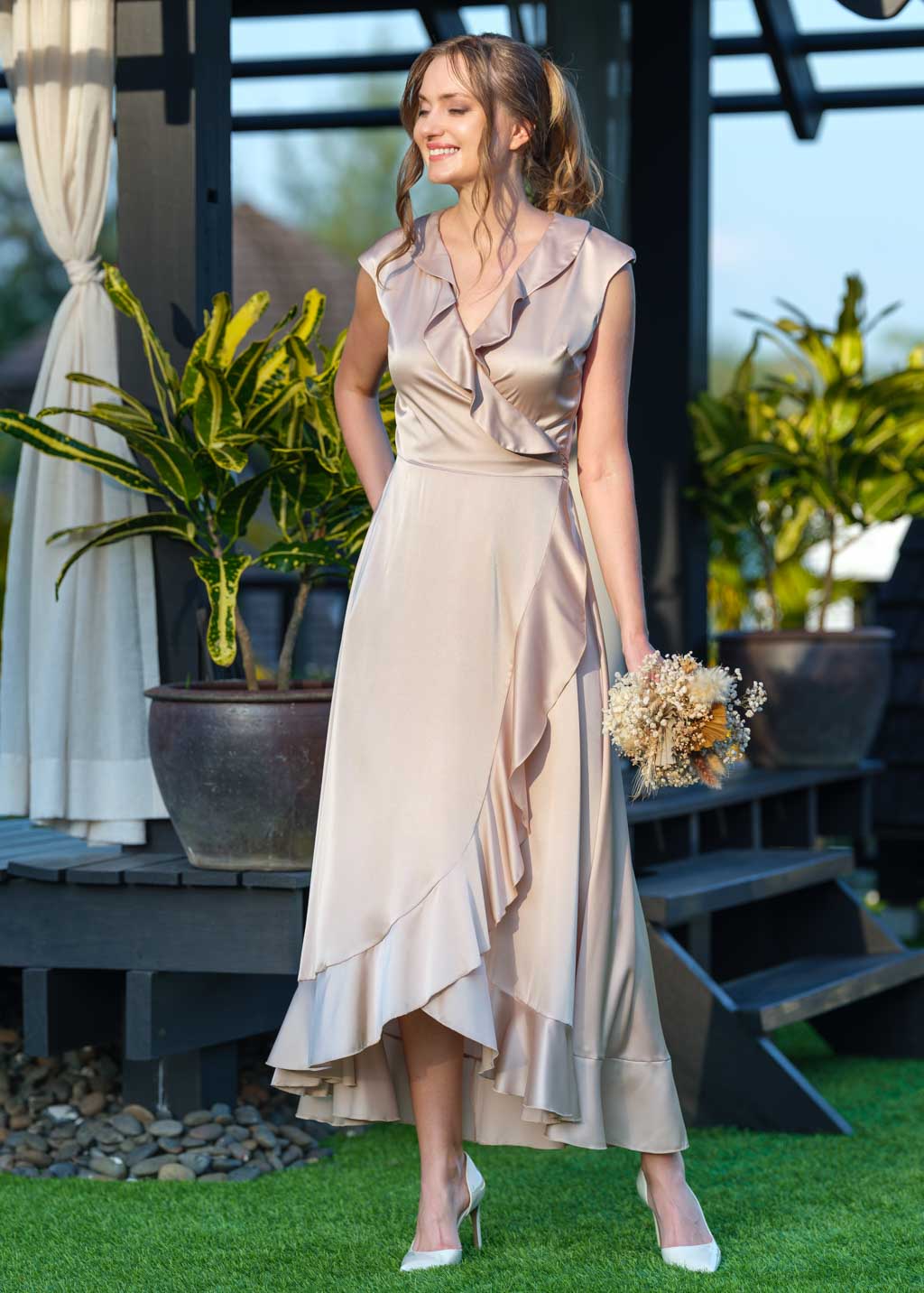 Champagne beige wrap silk dress