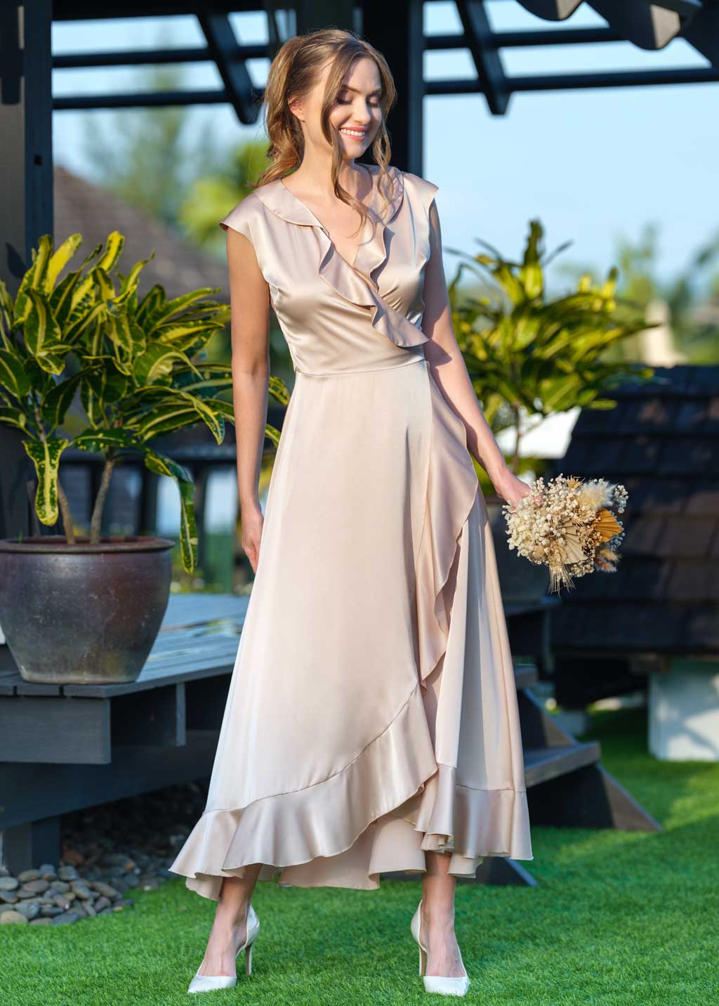 Champagne beige wrap silk dress
