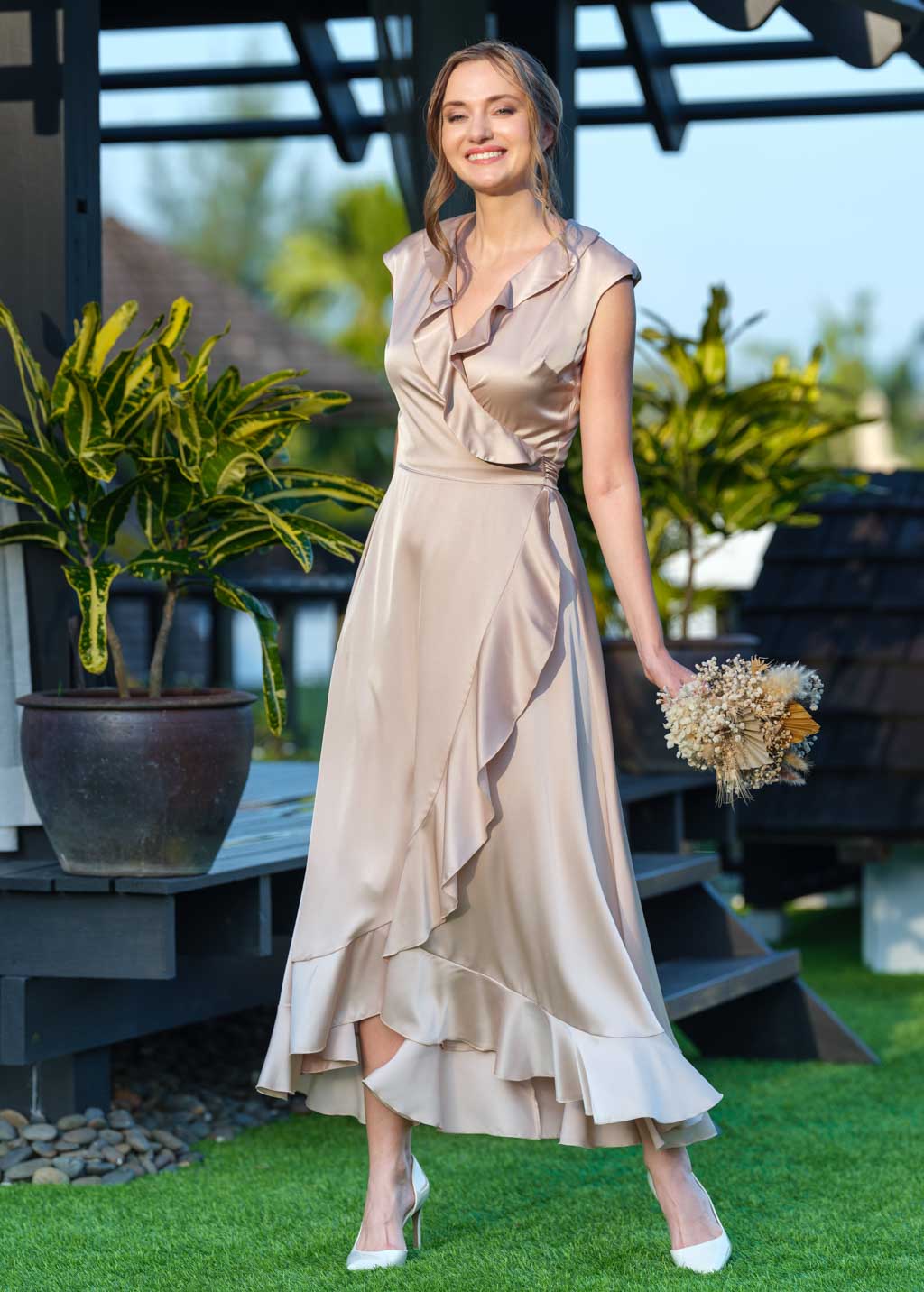 Champagne beige wrap silk dress
