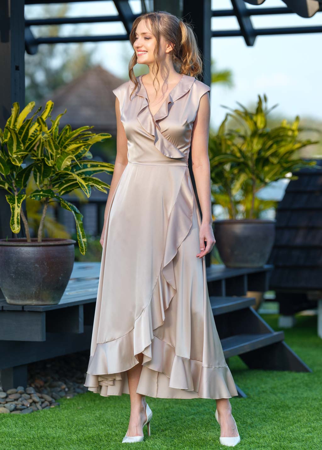 Champagne beige wrap silk dress