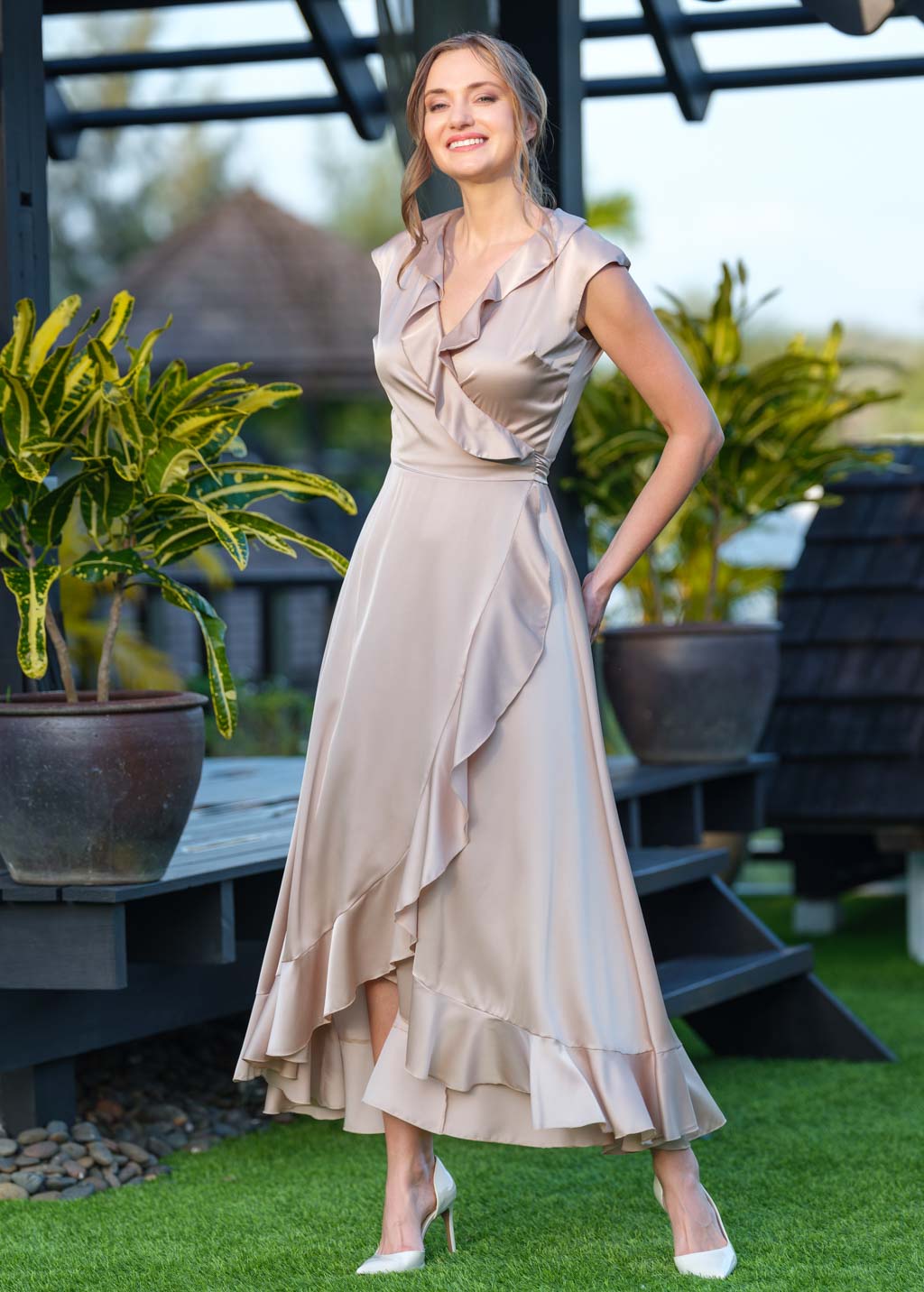 Champagne beige wrap silk dress