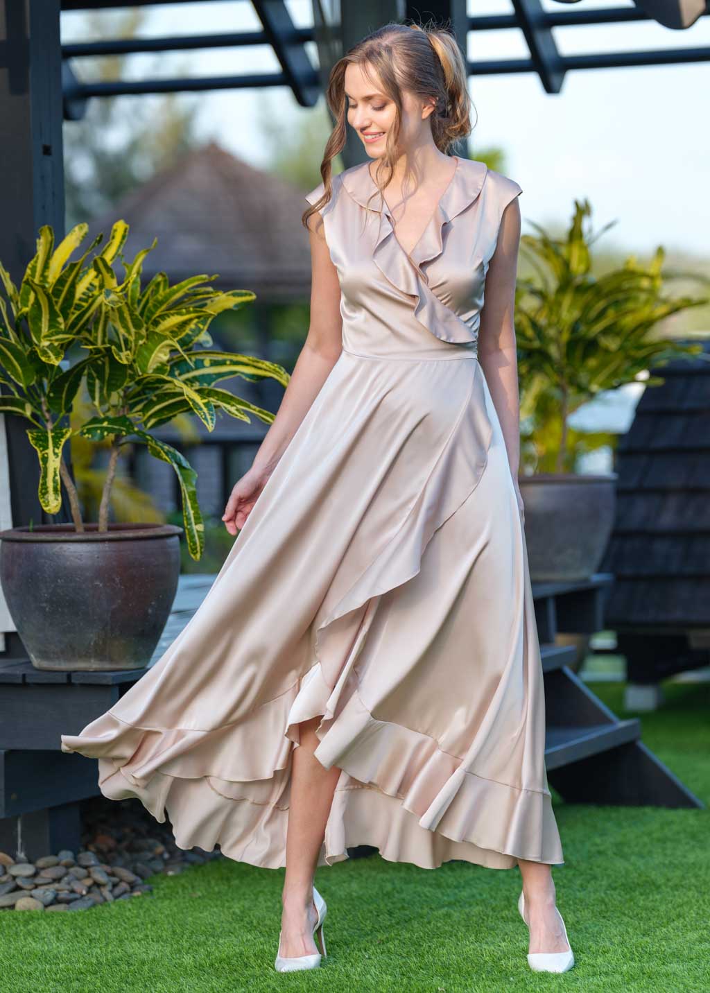 Champagne beige wrap silk dress