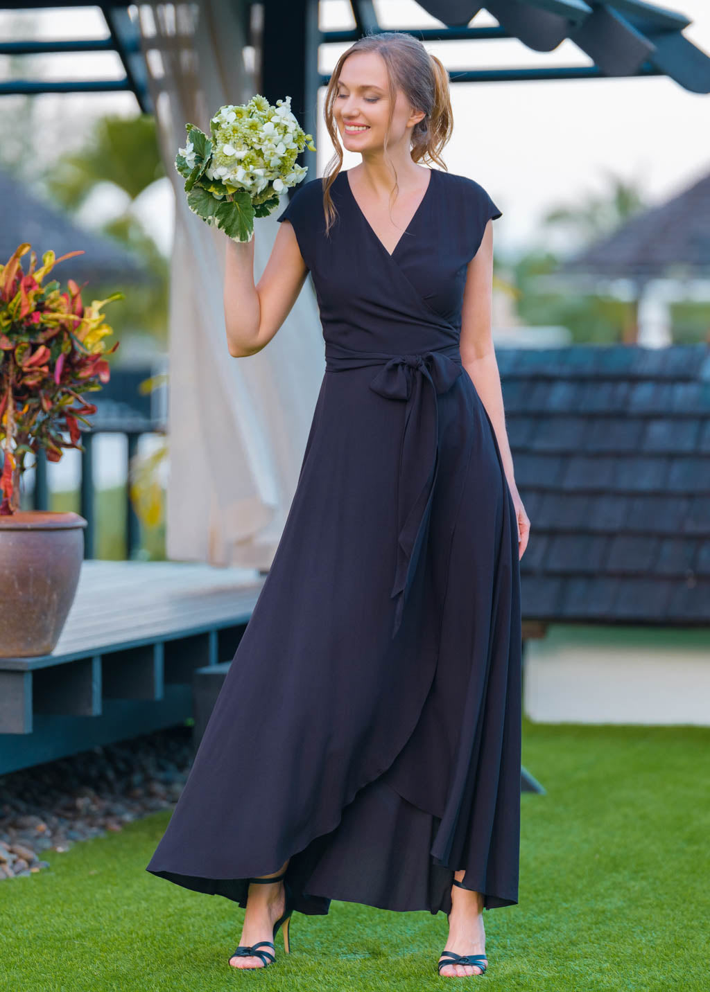 Navy blue chiffon wrap dress