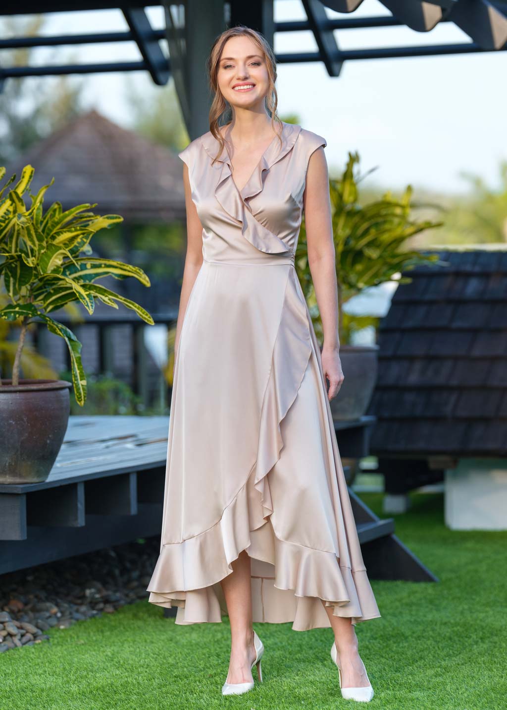Champagne beige wrap silk dress