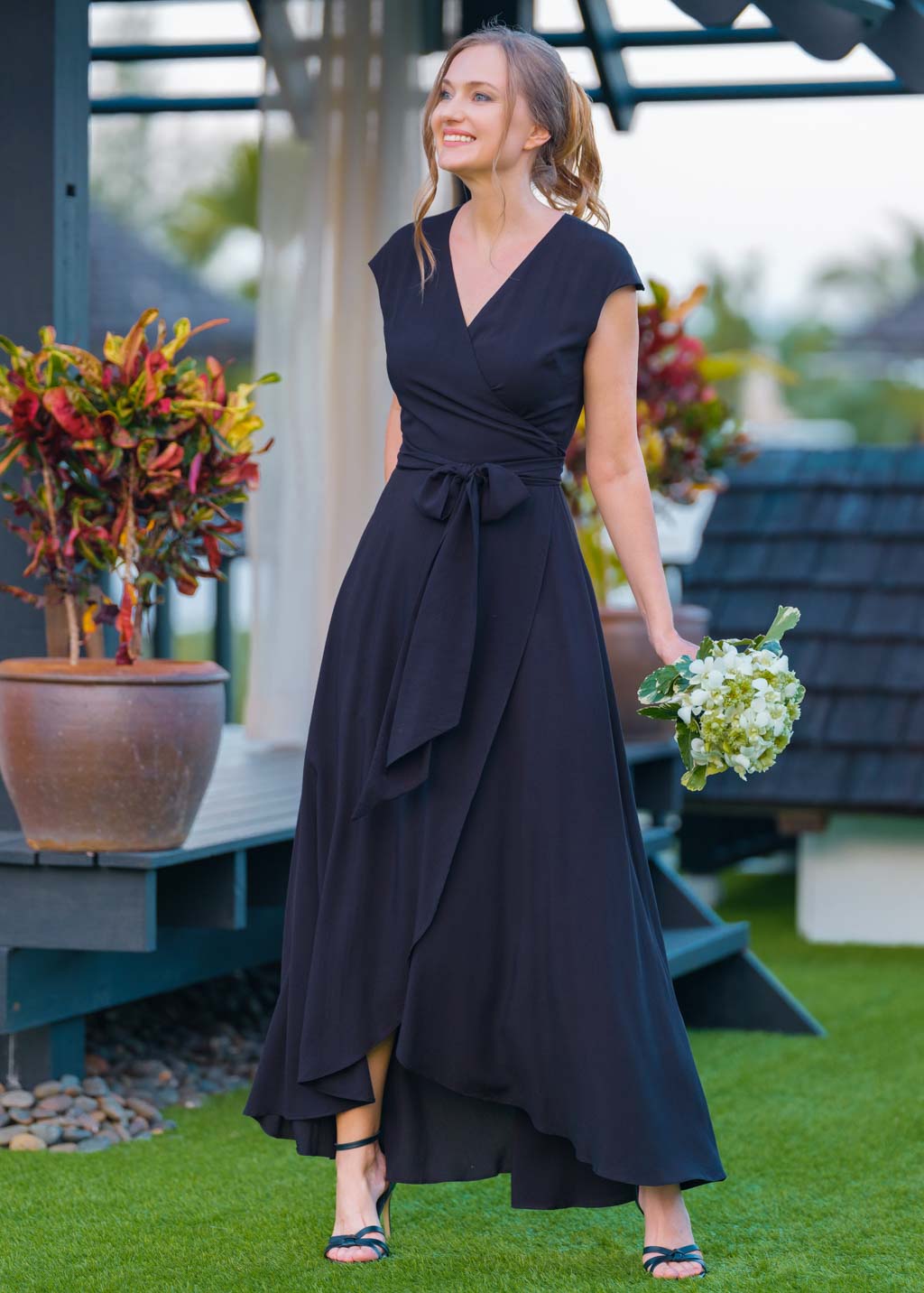 Navy blue chiffon wrap dress