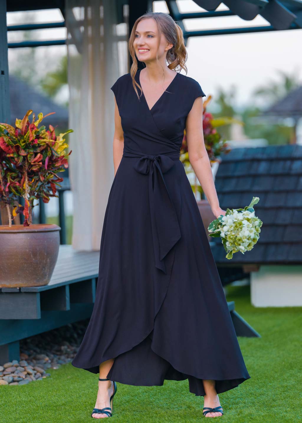 Navy blue chiffon wrap dress