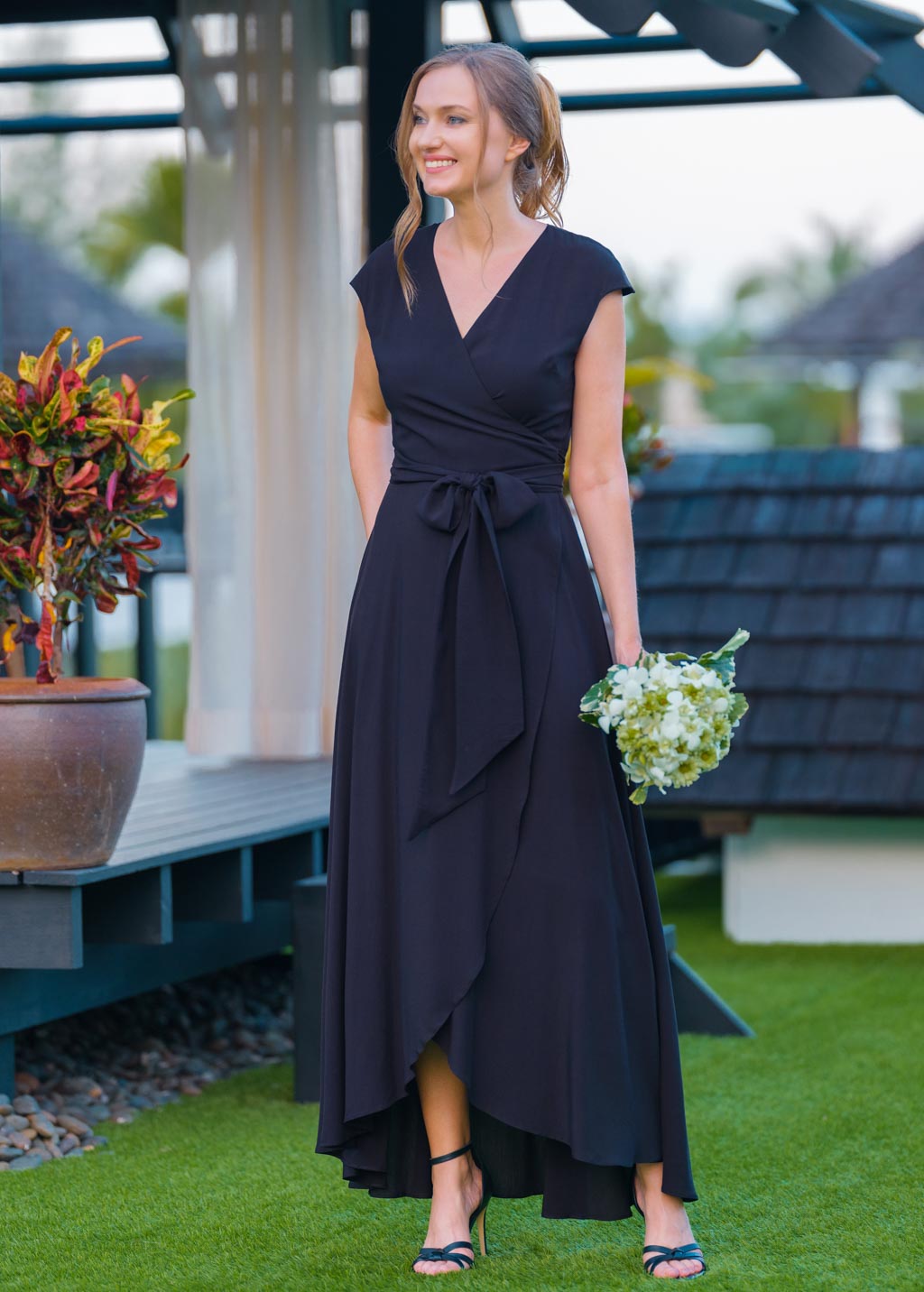 Navy blue chiffon wrap dress