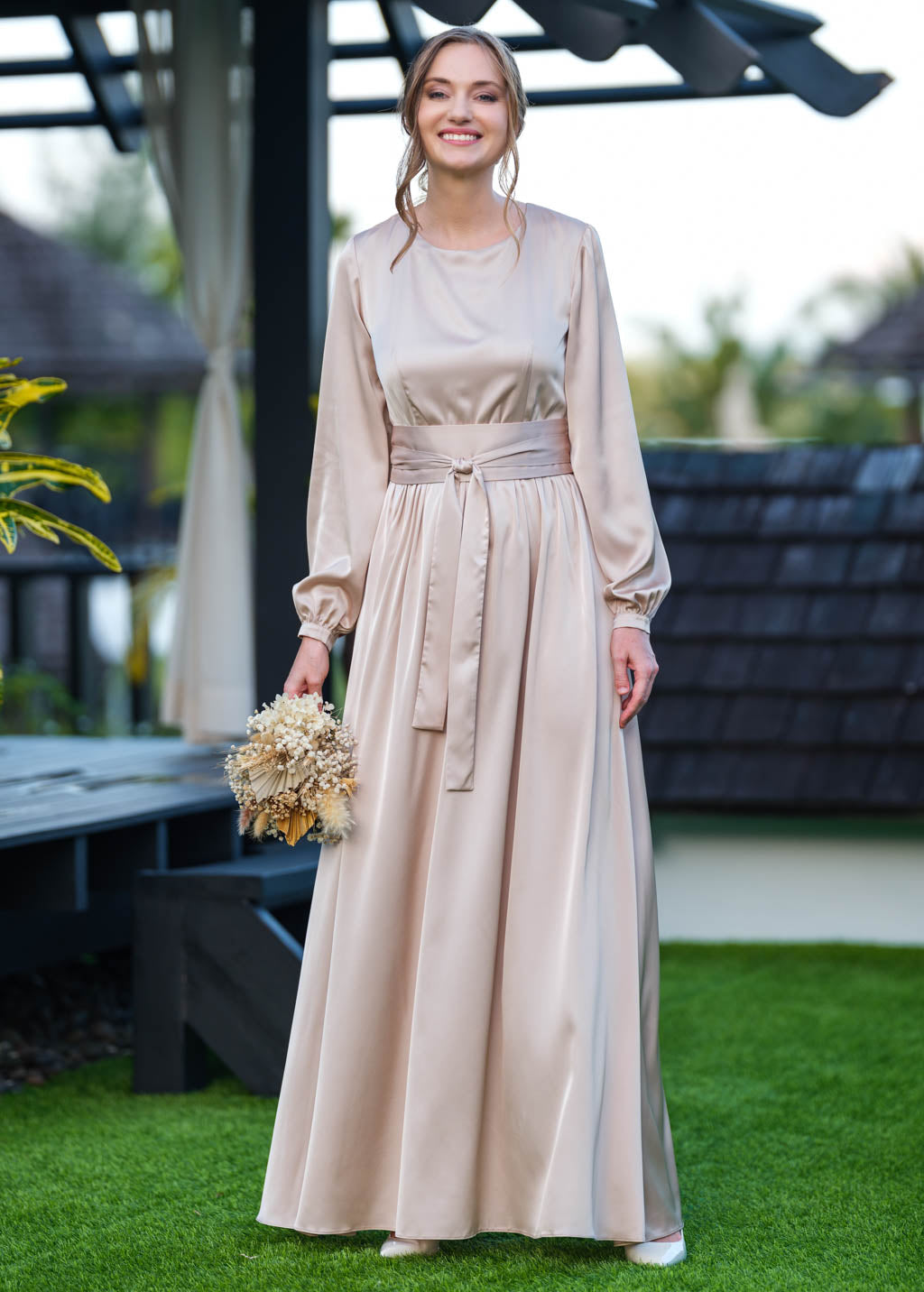 Champagne beige long silk dress with belt