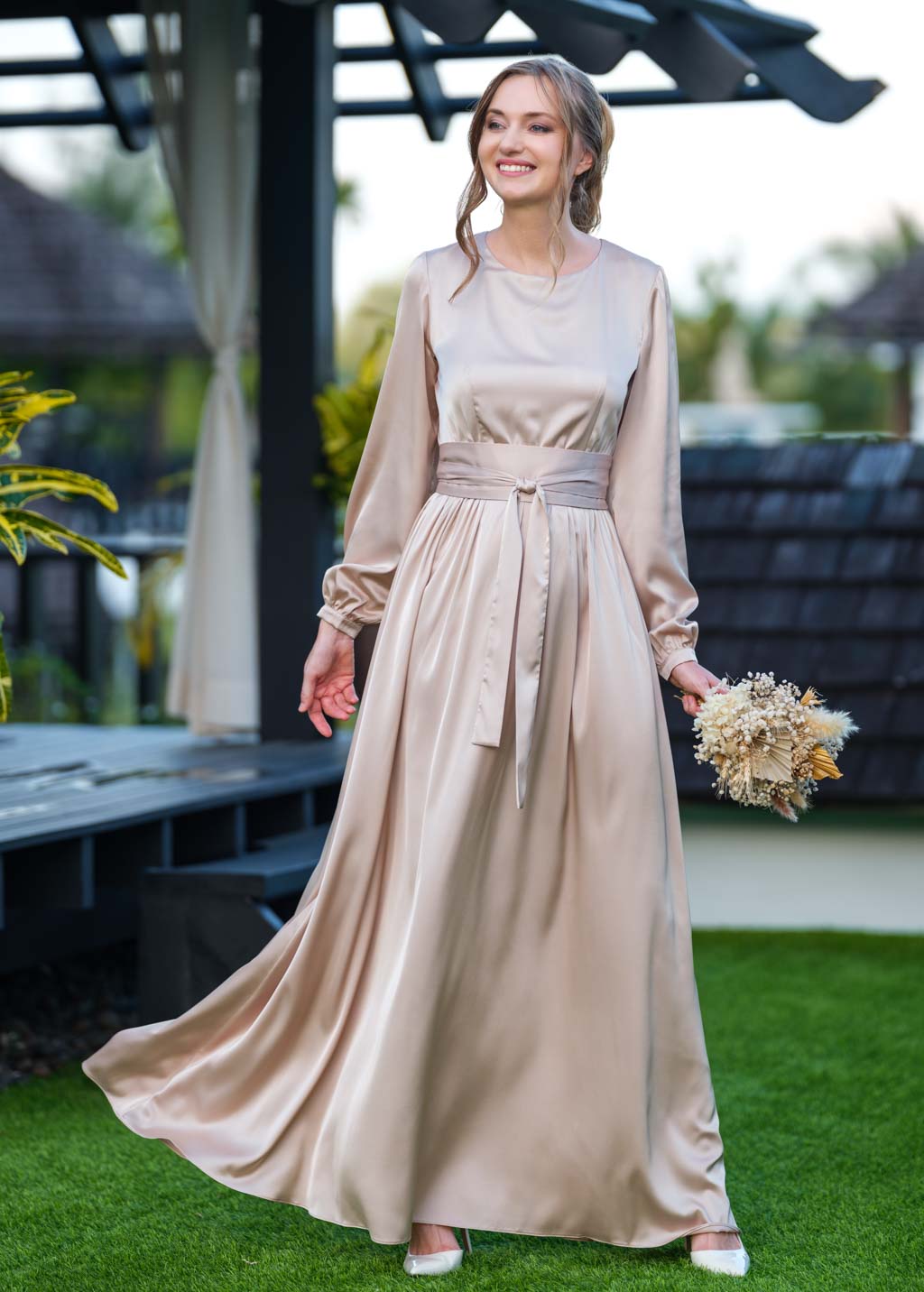 Champagne beige long silk dress with belt
