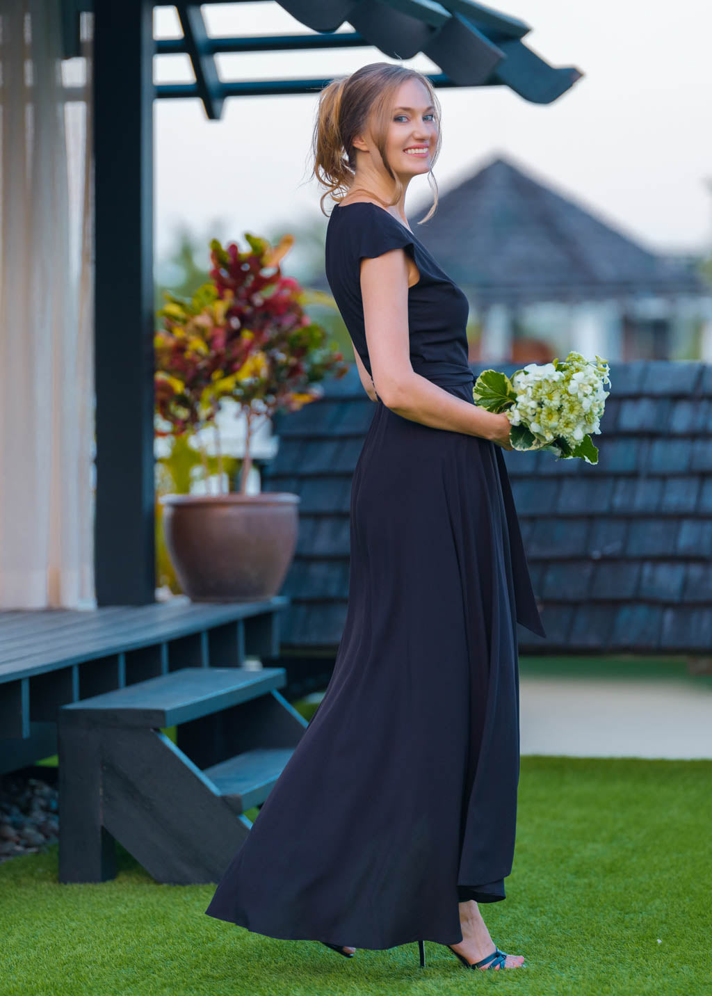 Navy blue chiffon wrap dress