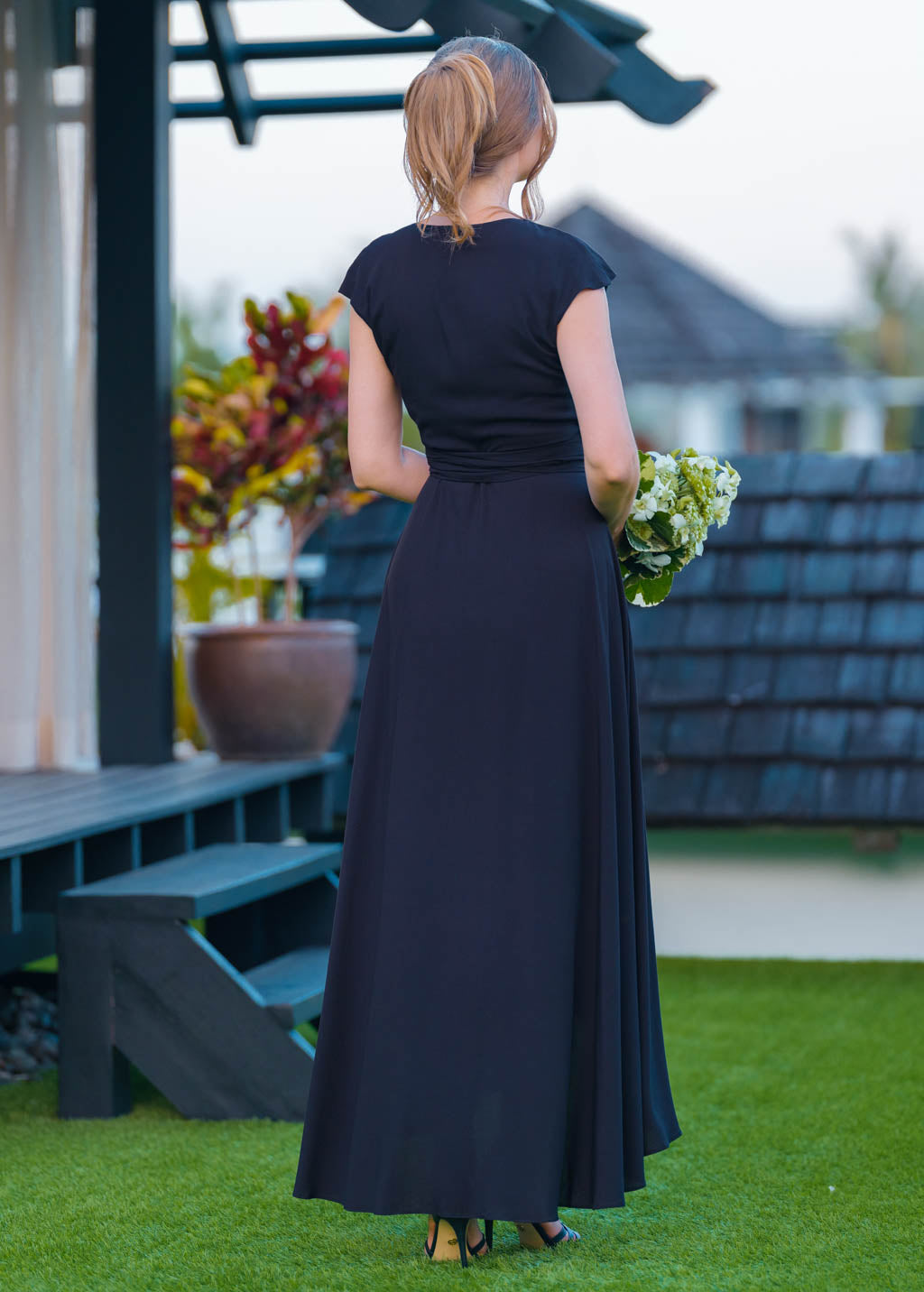 Navy blue chiffon wrap dress