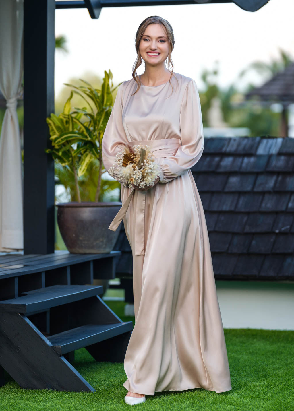 Champagne beige long silk dress with belt