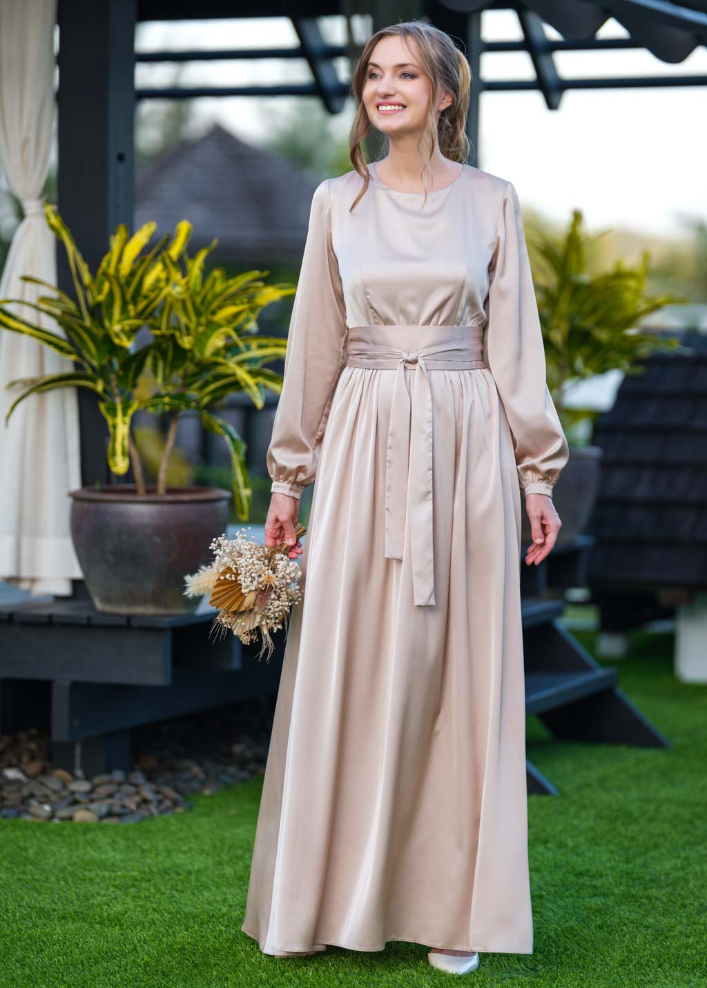 Champagne beige long silk dress with belt