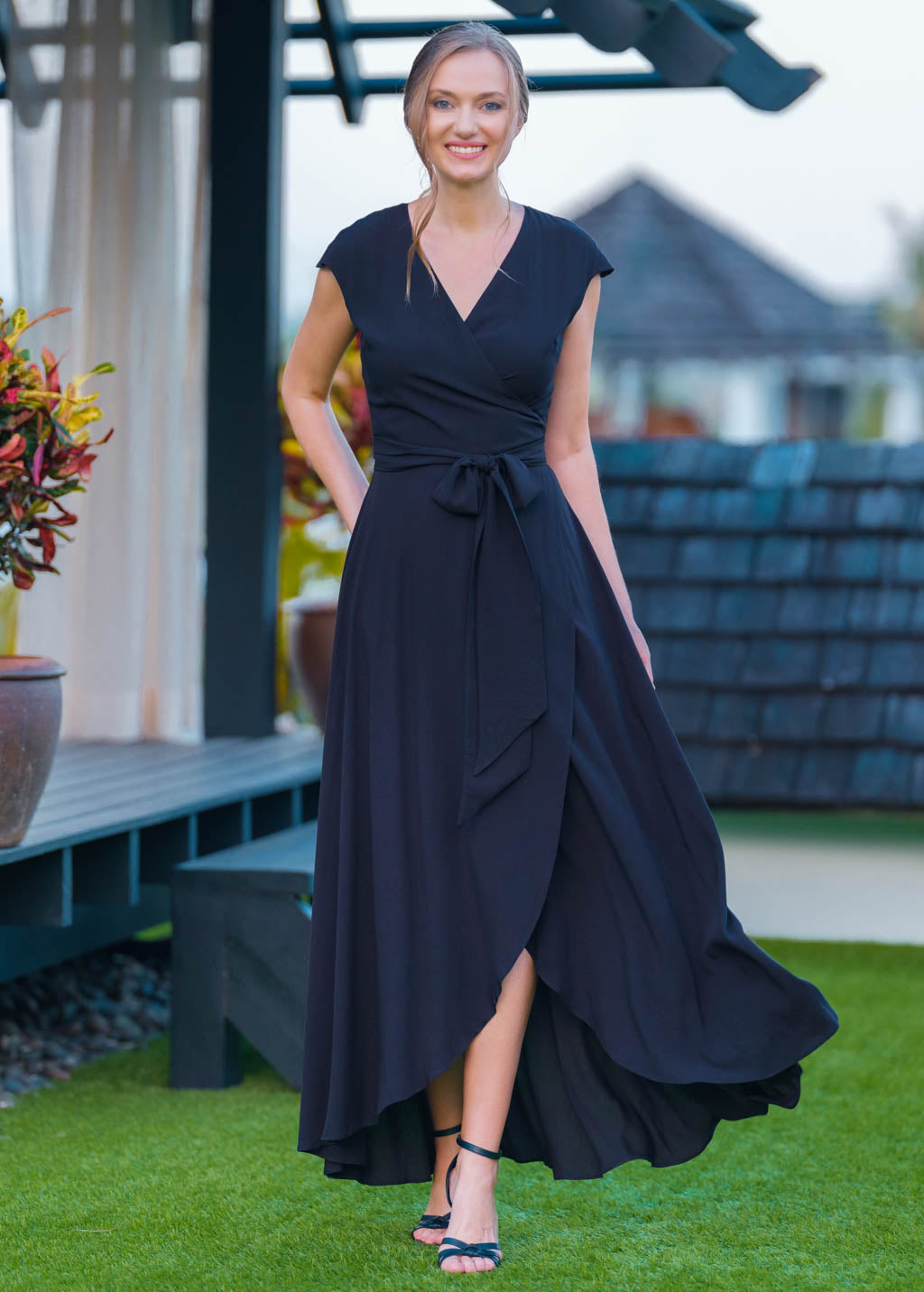 Navy blue chiffon wrap dress