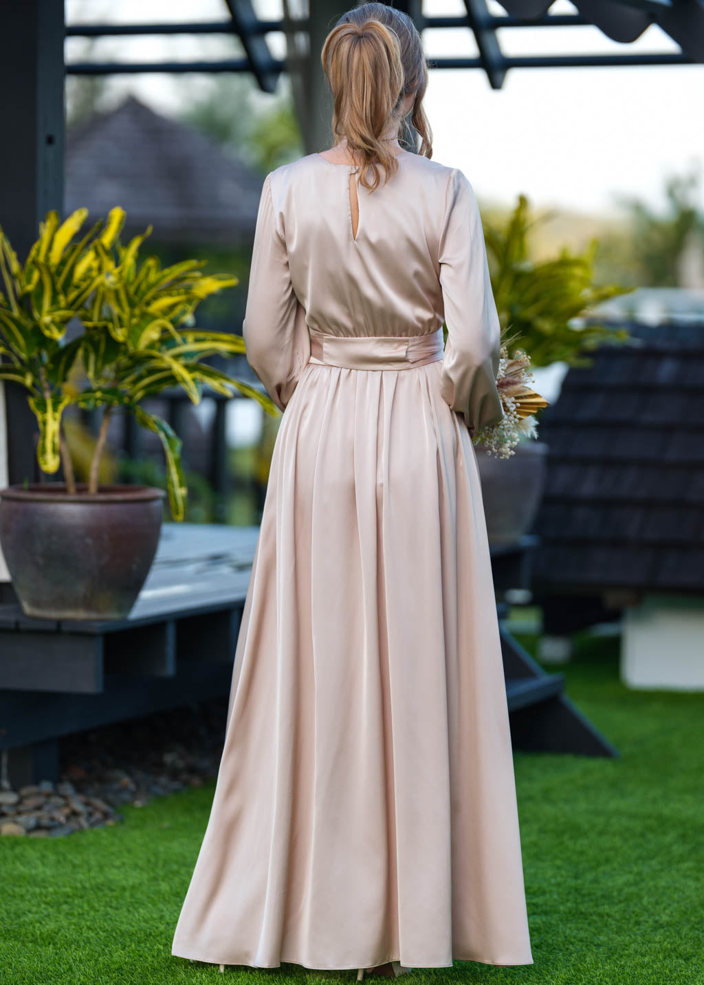 Champagne beige long silk dress with belt