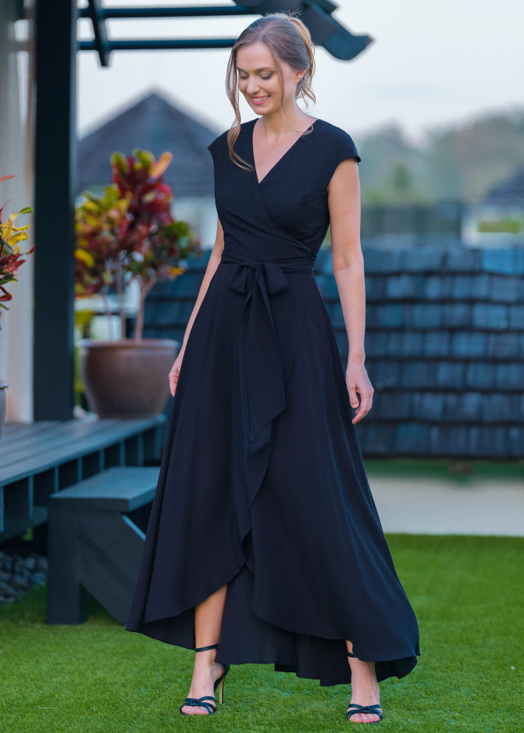 Navy blue chiffon wrap dress