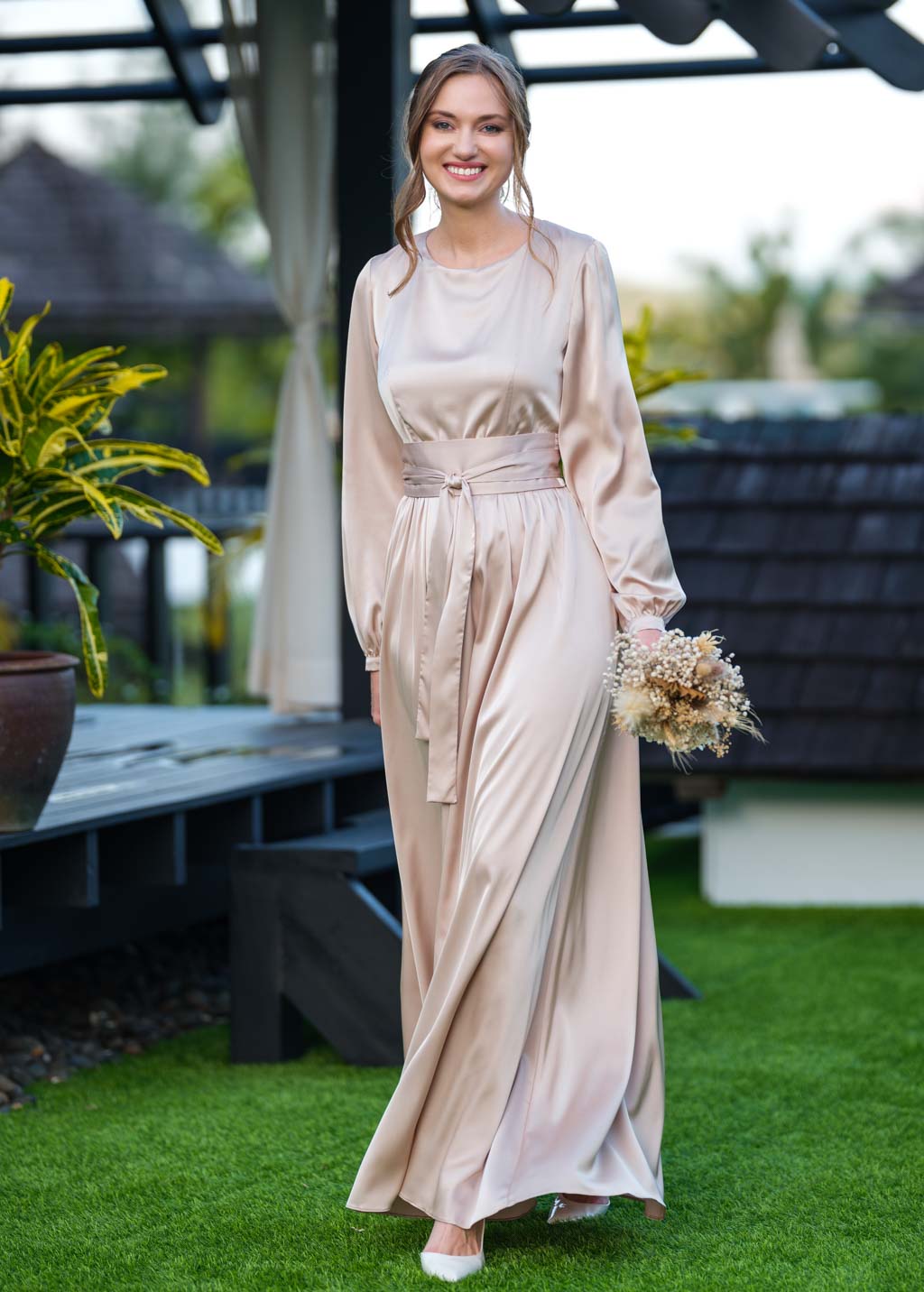 Champagne beige long silk dress with belt