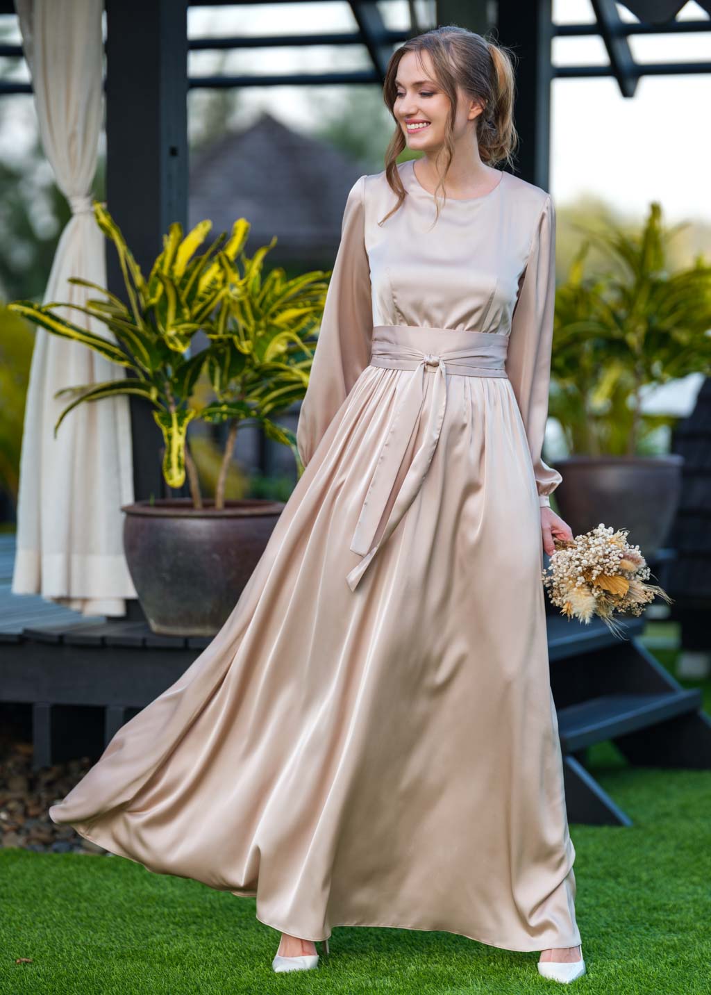Champagne beige long silk dress with belt