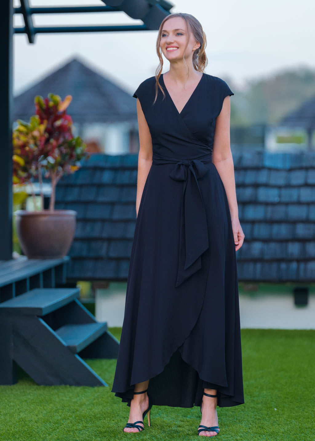 Navy blue chiffon wrap dress