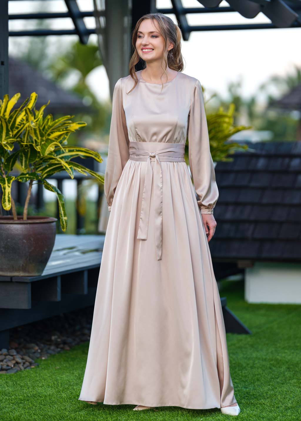 Champagne beige long silk dress with belt