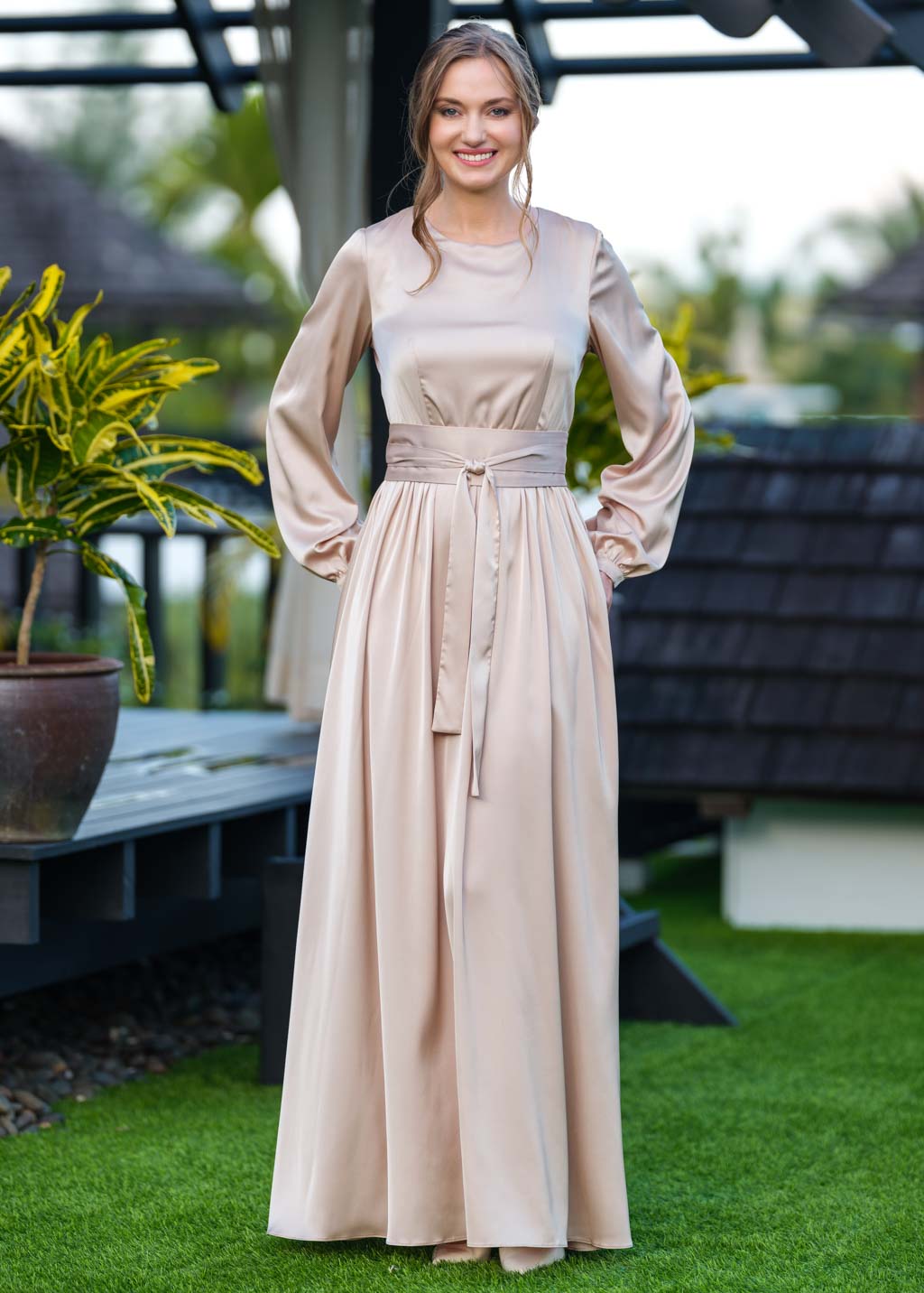 Champagne beige long silk dress with belt