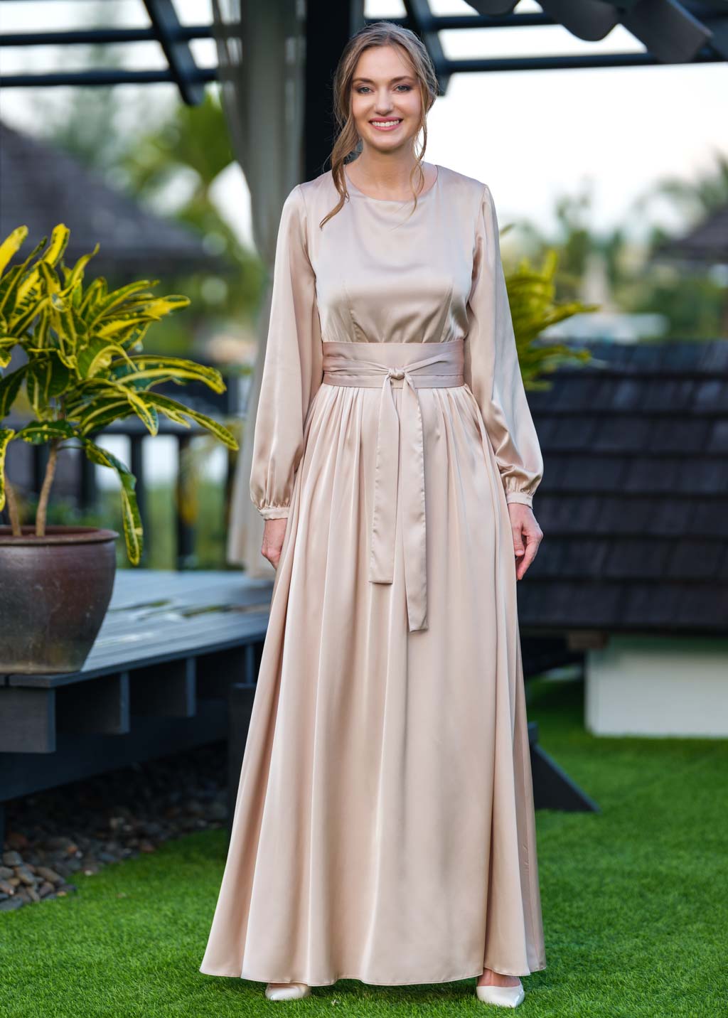 Champagne beige long silk dress with belt