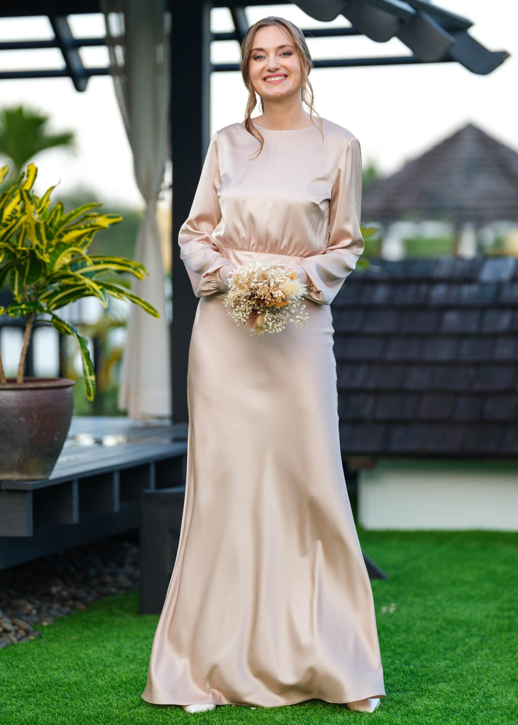 Champagne beige silk long dress