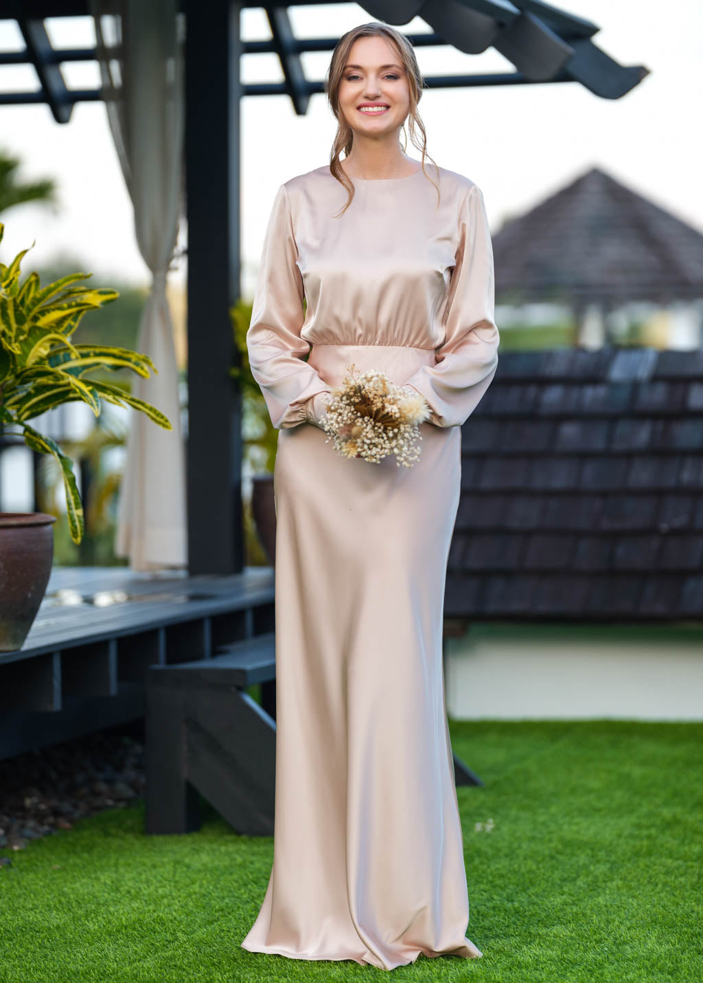 Champagne beige silk long dress