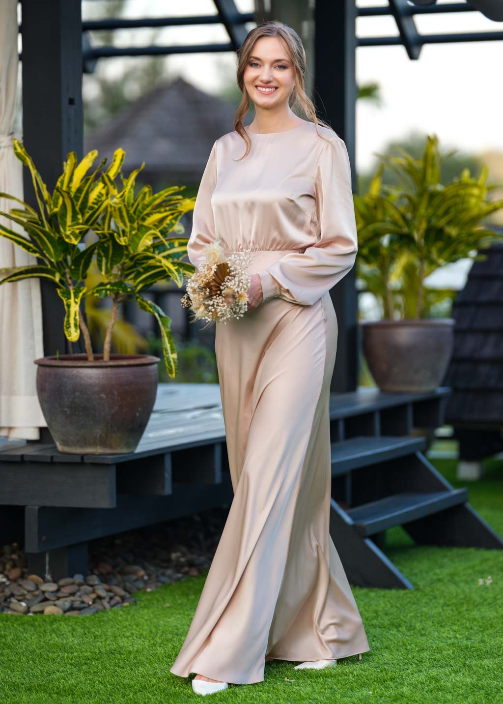 Champagne beige silk long dress
