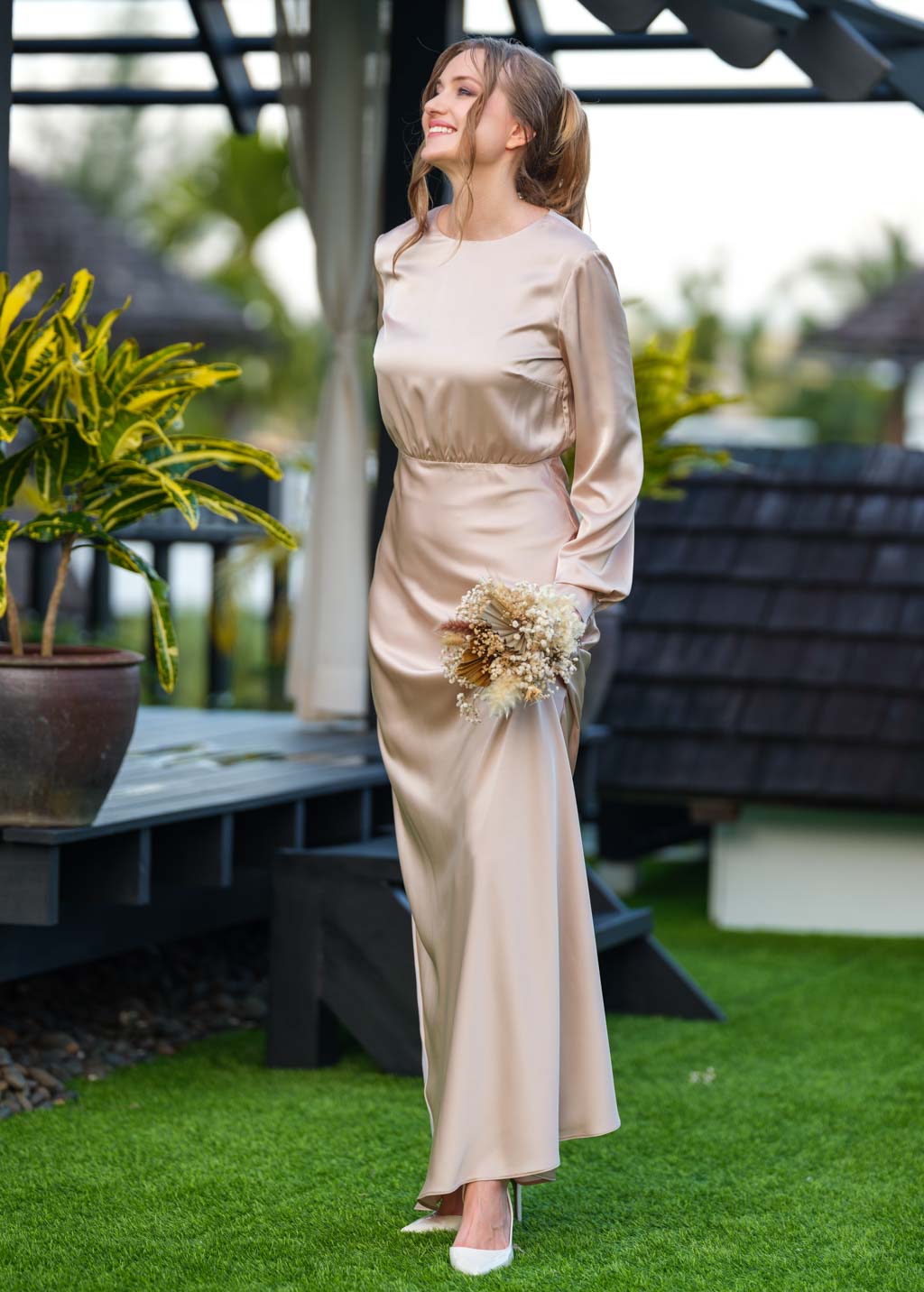Champagne beige silk long dress
