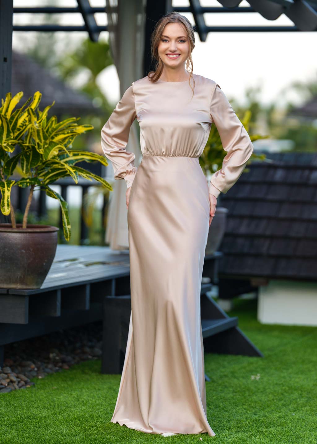 Champagne beige silk long dress