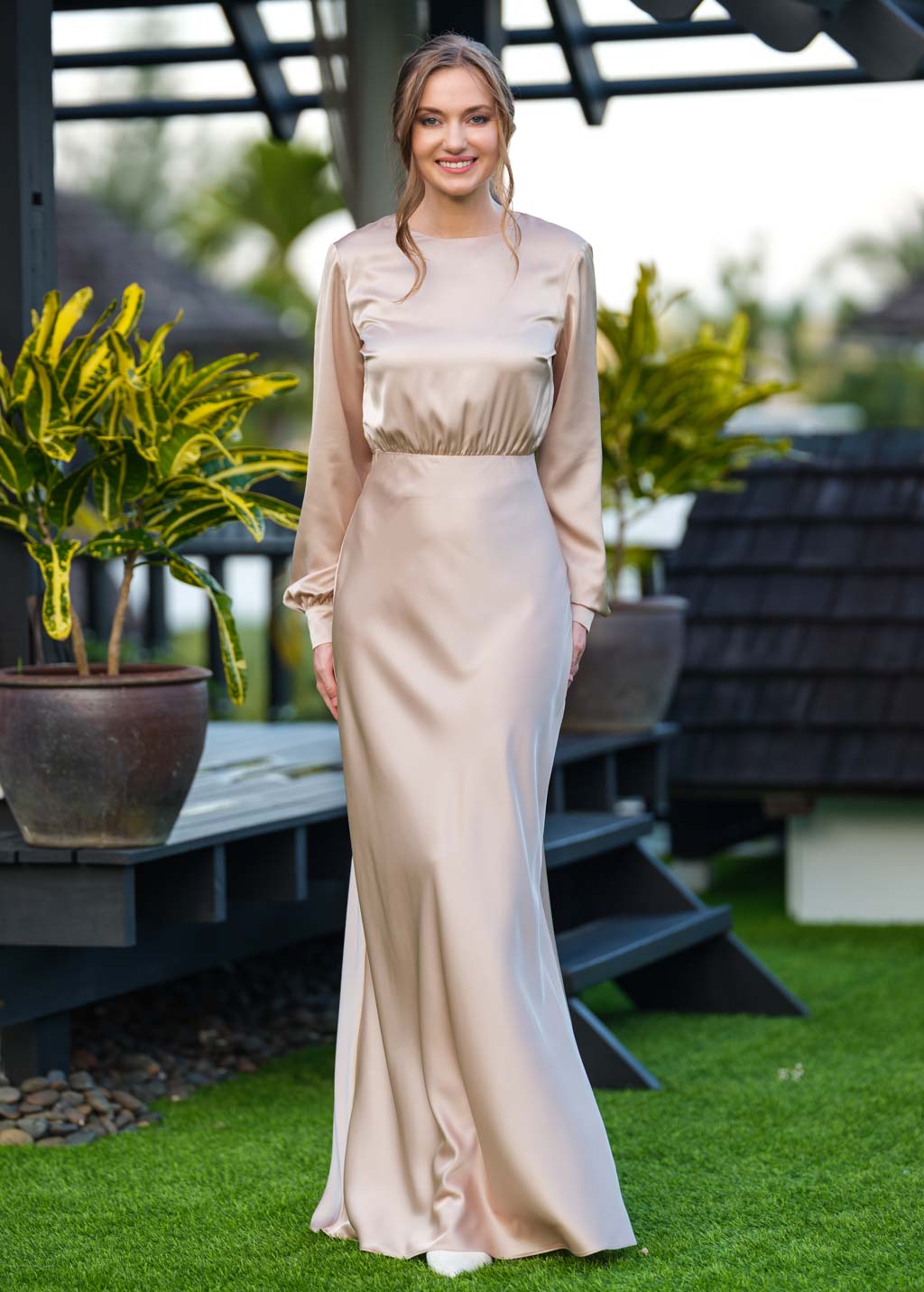 Champagne beige silk long dress