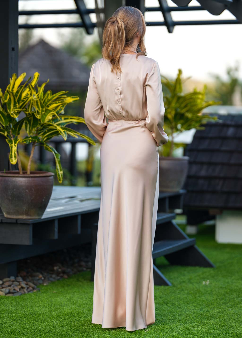 Champagne beige silk long dress