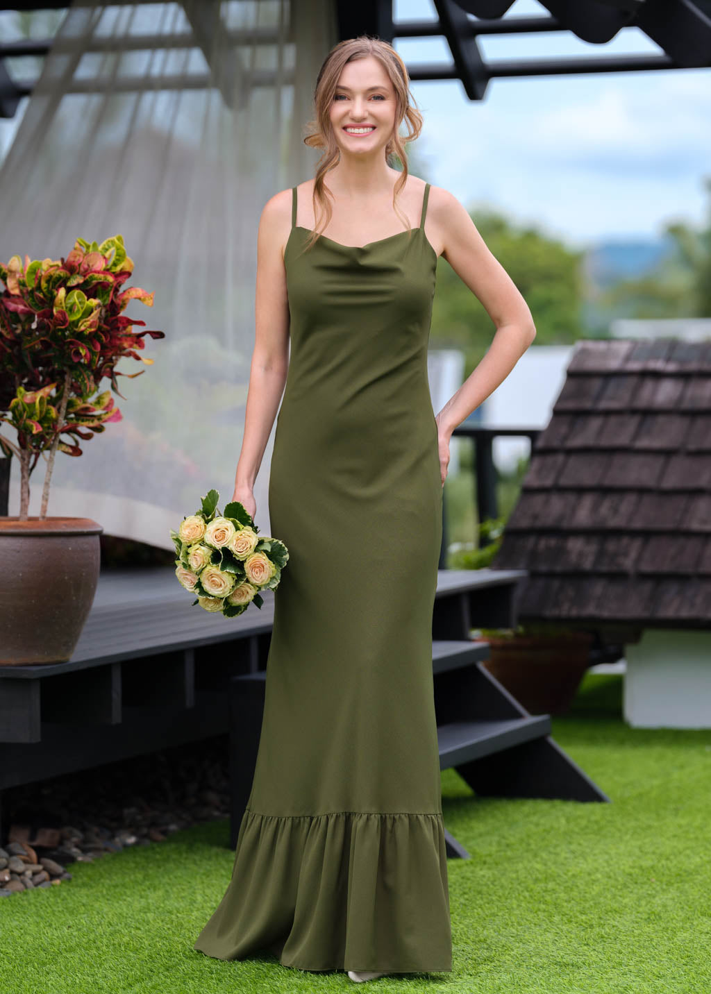 Olive green chiffon slip long dress