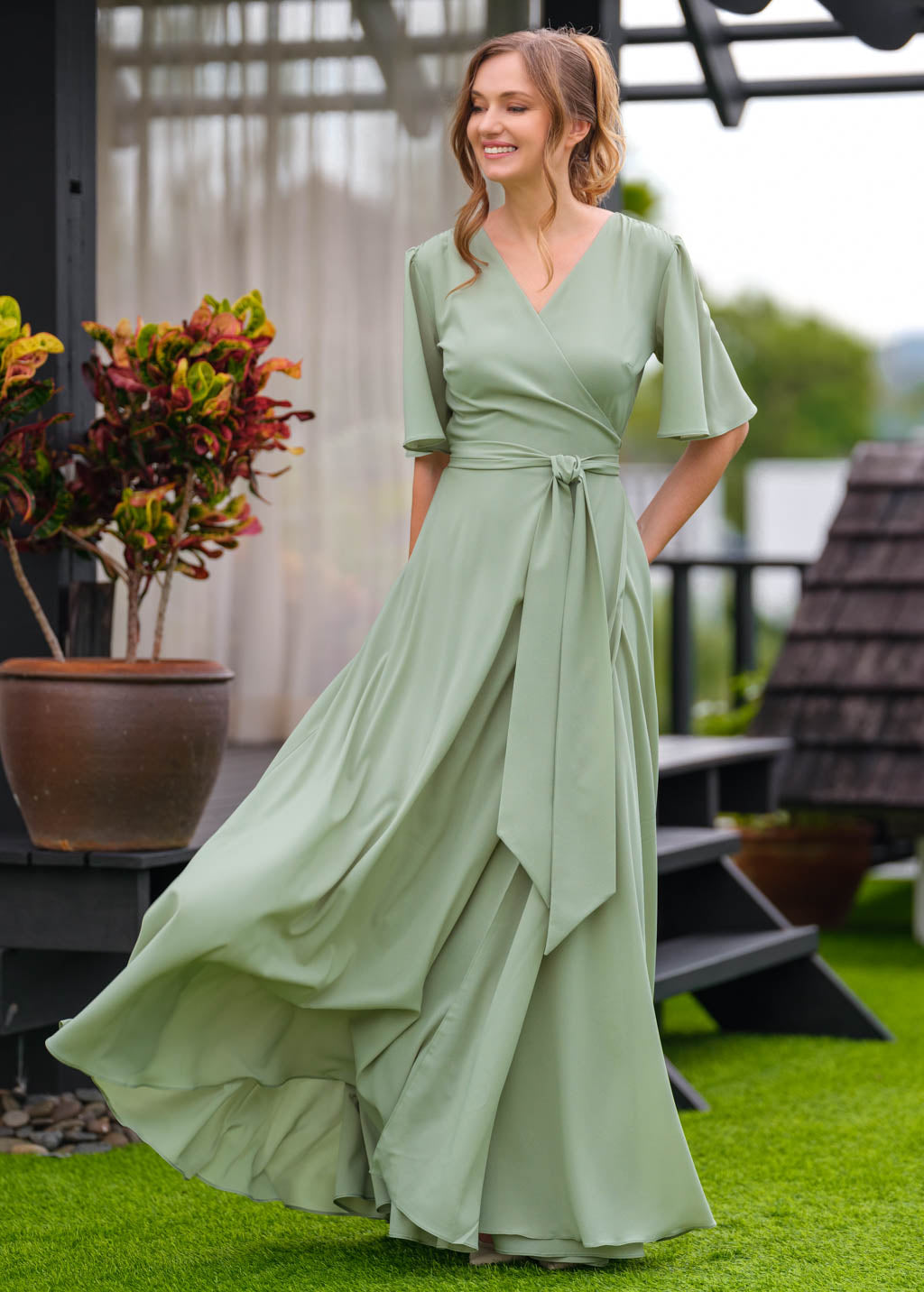 Sage green chiffon long wrap dress Sage green chiffon long wrap dress