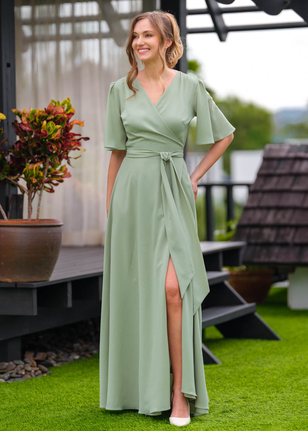 Sage green chiffon long wrap dress